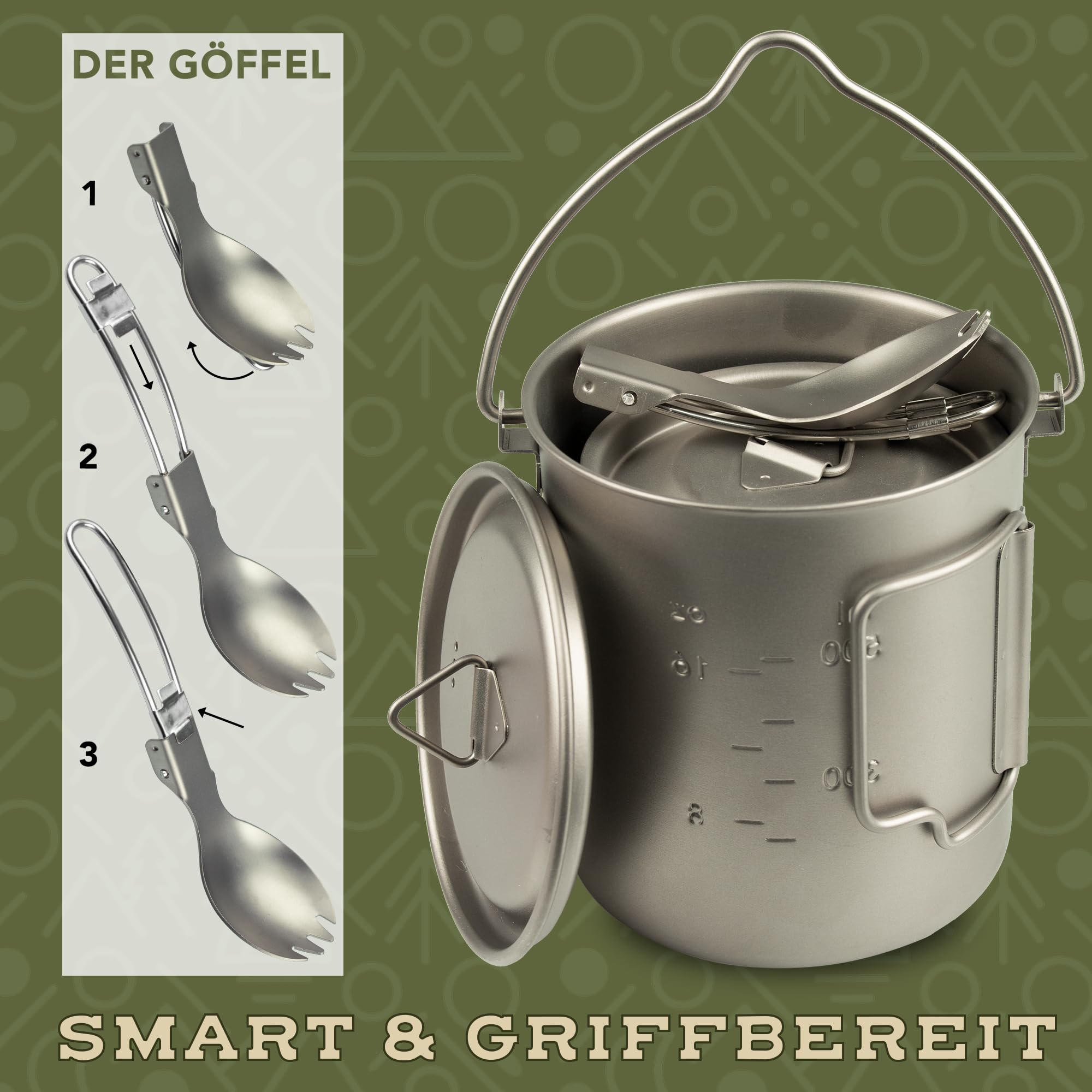 Black Snake Titan Camping Set 6-teilig - Outdoor Geschirr & Besteck mit Topf, Göffel, Messer, Gabel, Löffel - Ultraleicht, kompakt & rostfrei