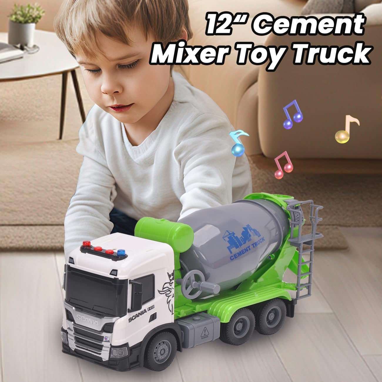 Bétonneuse Jouet - Scania 30,8CM Camion Malaxeur à béton avec Lumières et Son, Robuste Véhicule de Construction pour Enfants Garçons