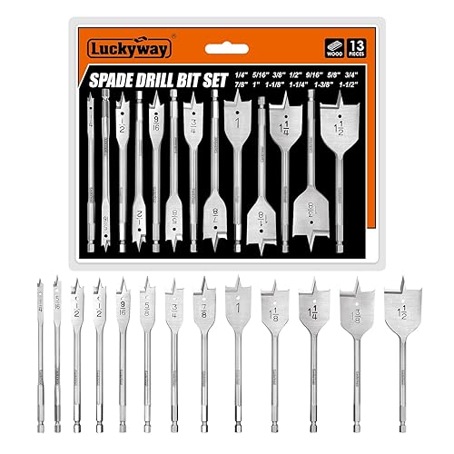 Luckyway Juego de brocas de pala, brocas planas de paleta de 1/4 a 1-1/2 pulgadas para madera, plástico, corte de agujeros de aluminio, 13 piezas