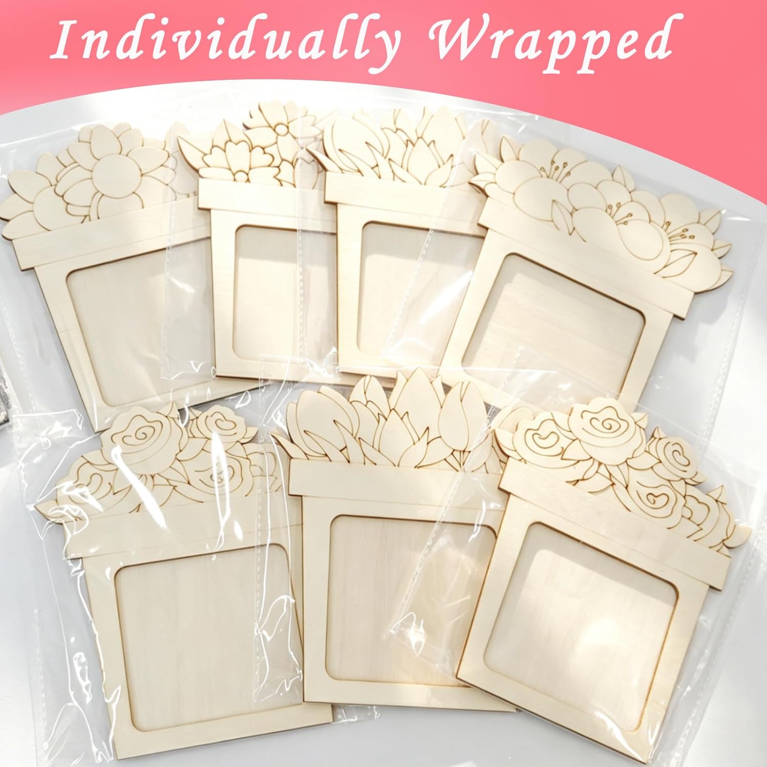 24 Pcs DIY Wooden Picture Frame Craft Kit, Mother's Day Flower Photo Frame Magnets to Paint, Unfinished Wood Frames with Color Pens, Gem Stickers & EVA Foam Shapes, Handmade Gift Set
