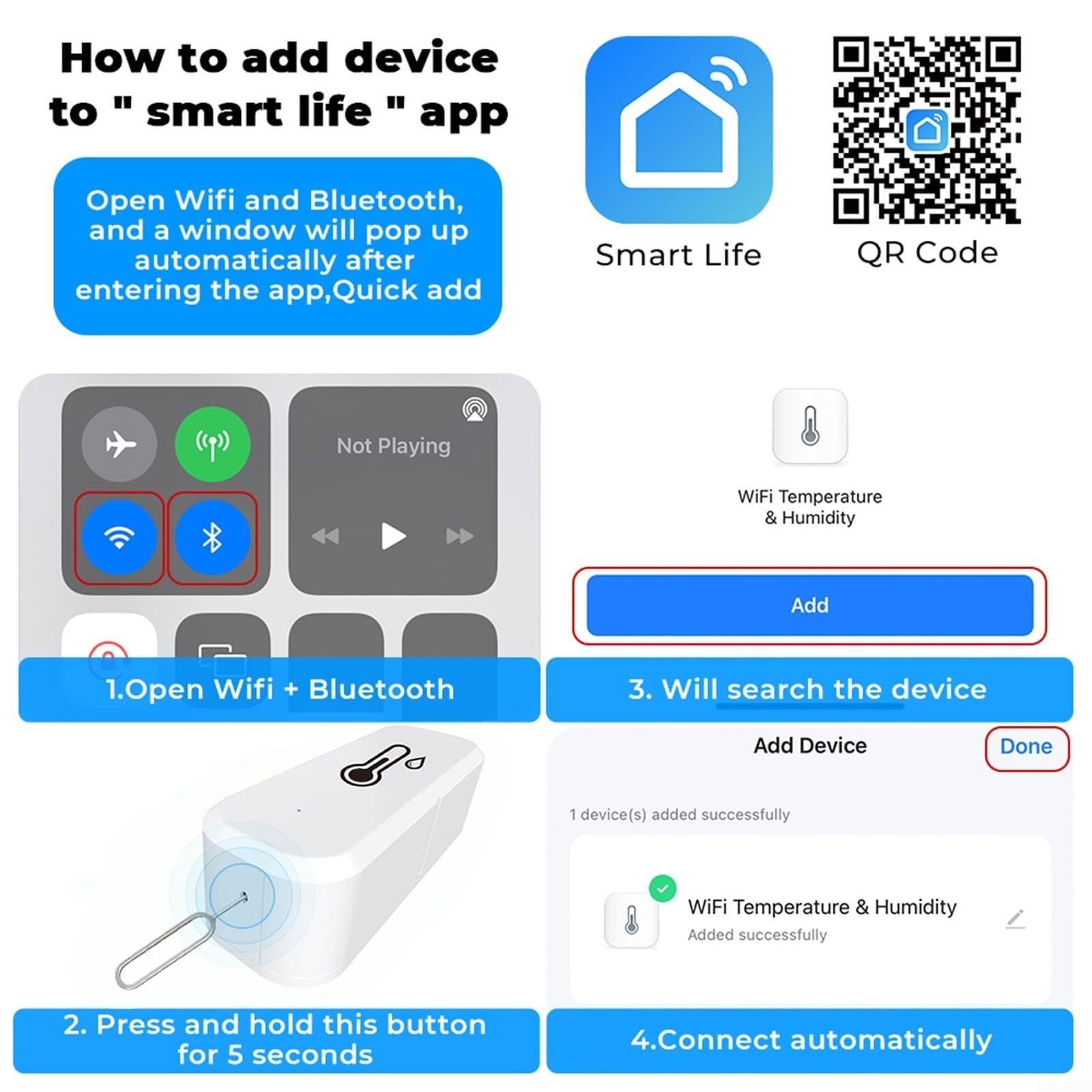 Capteur Wi-FI Intelligent pour Maison connectée, hygromètre, thermomètre, capteur de température et d'humidité (6 pièces)