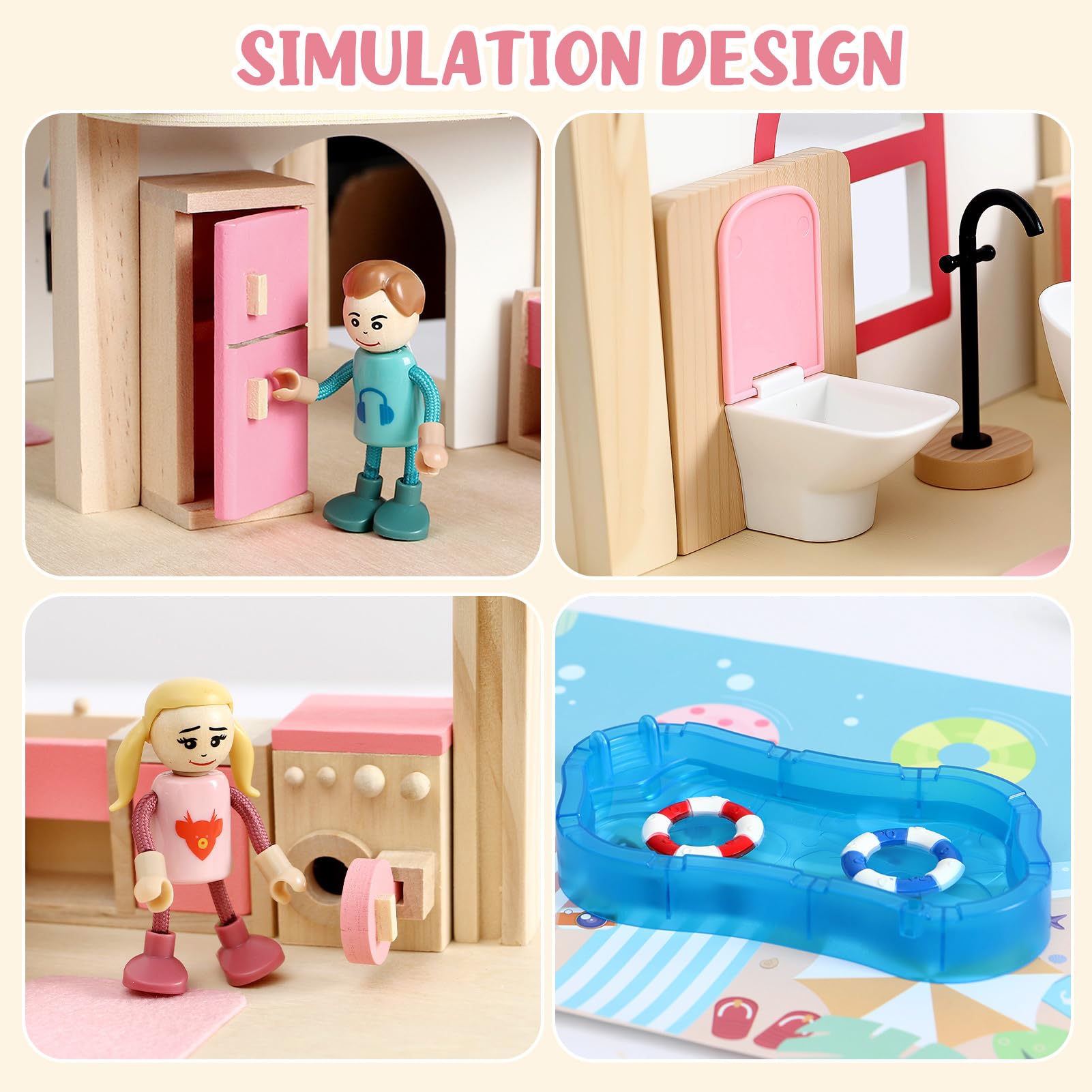 Atoylink Casa Delle Bambole in Legno con Set Completo di Mobili e 2 Bambole, Casa Bambole a 2 Piani con Camera da Letto, Bagno, Sala da Pranzo, Piscina, Giocattoli di Legno per Bambini 3 4 5 6 Anni