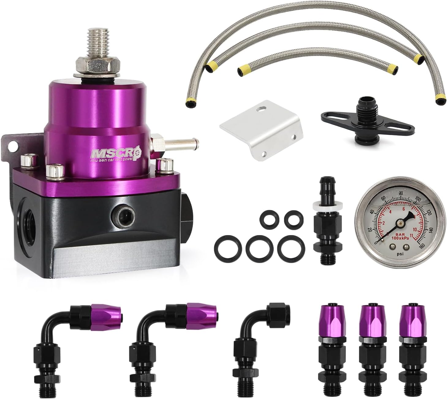 Adjustable Universal EFI Fuel Pressure Regulator Kit with 0-160psi Fuel Pressure Gauge and AN6-6AN Fuel Line Hose Fitting Connectors Kit (PURPLE)