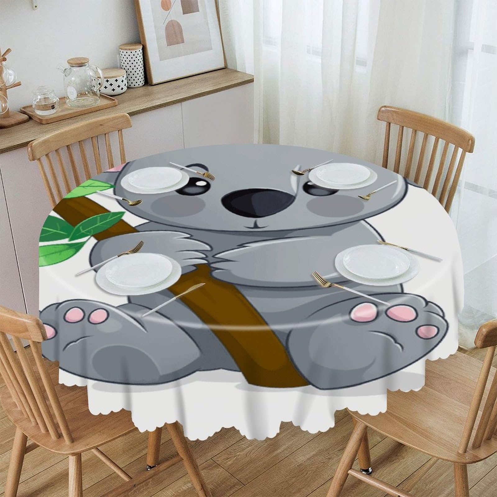 FekiLoot Green Leaf Koala Round Tablecloths 60 Inch Resistant Washable Polyester Table Cloth Style Decorative Circle Fabric Table Cover for Dining Kitchen Party Farmhouse Outdoor