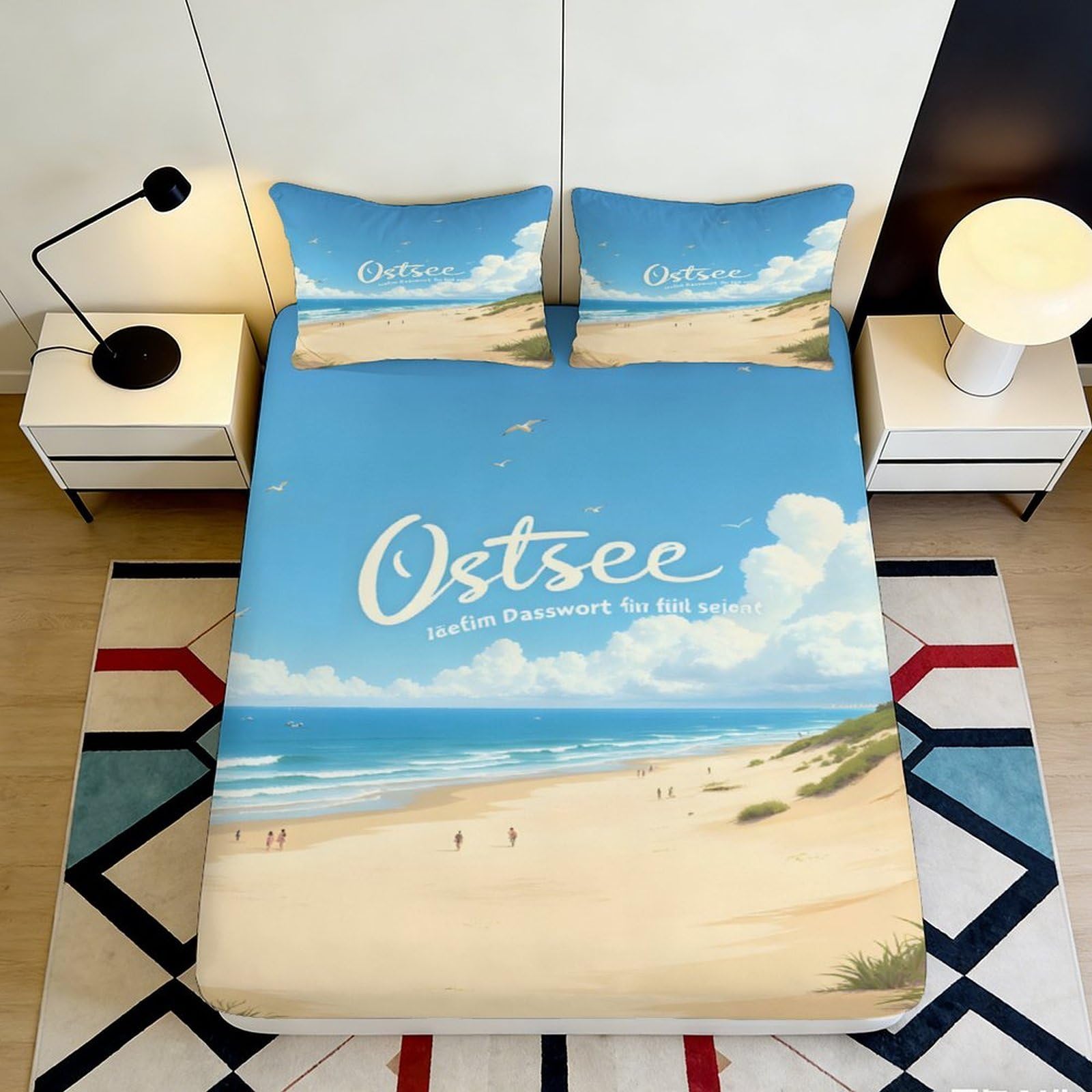 3D Printed Coastal Scene Fitted Sheet Microfiber Deep Pocket Bedroom Bedding Set Beach Mattress Fitted Cover Washable for Adults 200x200x25cm 90x200x25cm