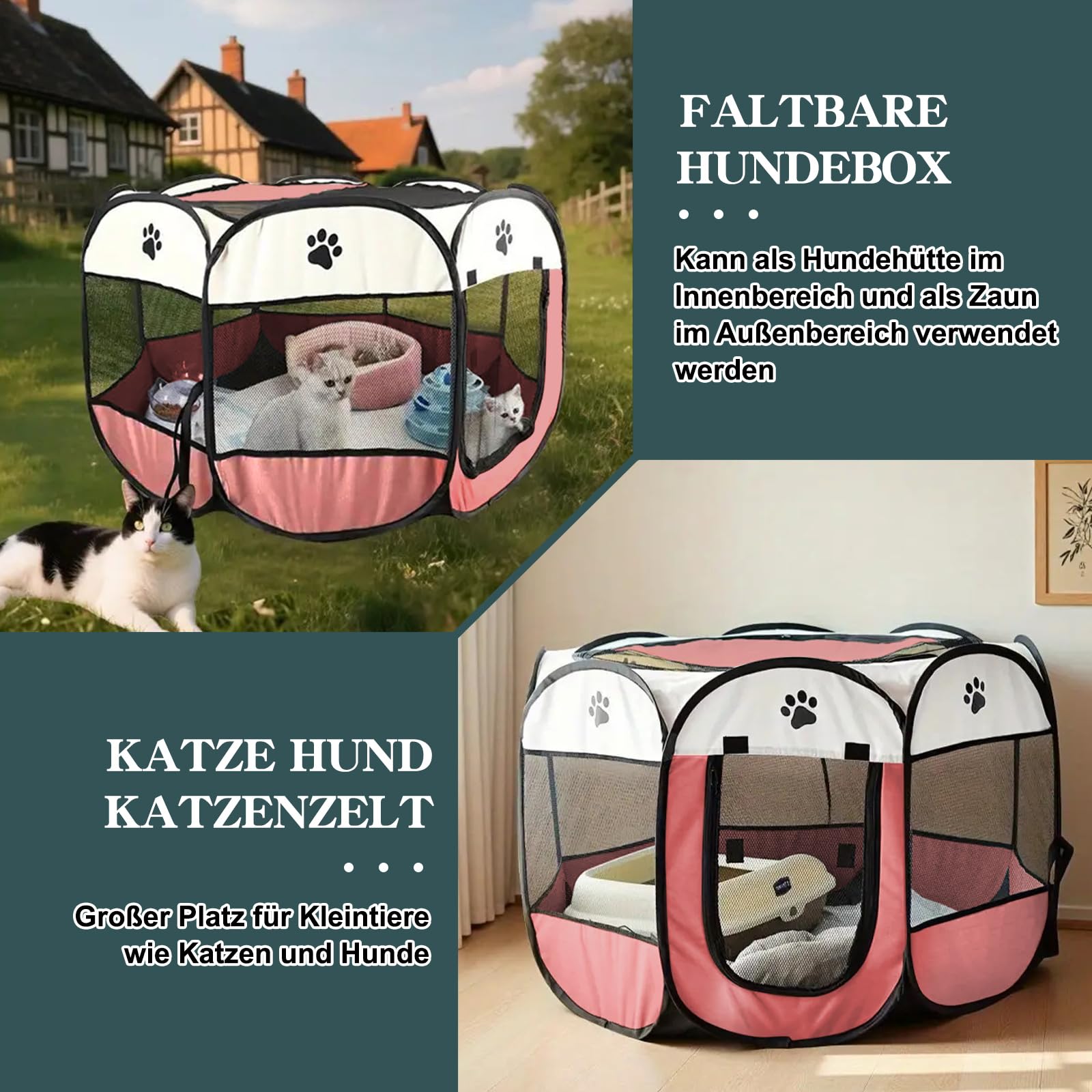 Welpenauslauf Faltbare Hundebox - 74x74x43cm Welpenlaufstall Faltbare hundezelt Katzengehege für Drinnen Outdoor Hundekäfig Kaninchen Laufstall Katze Hund Katzenzelt Kleintiergehege (Rosa)
