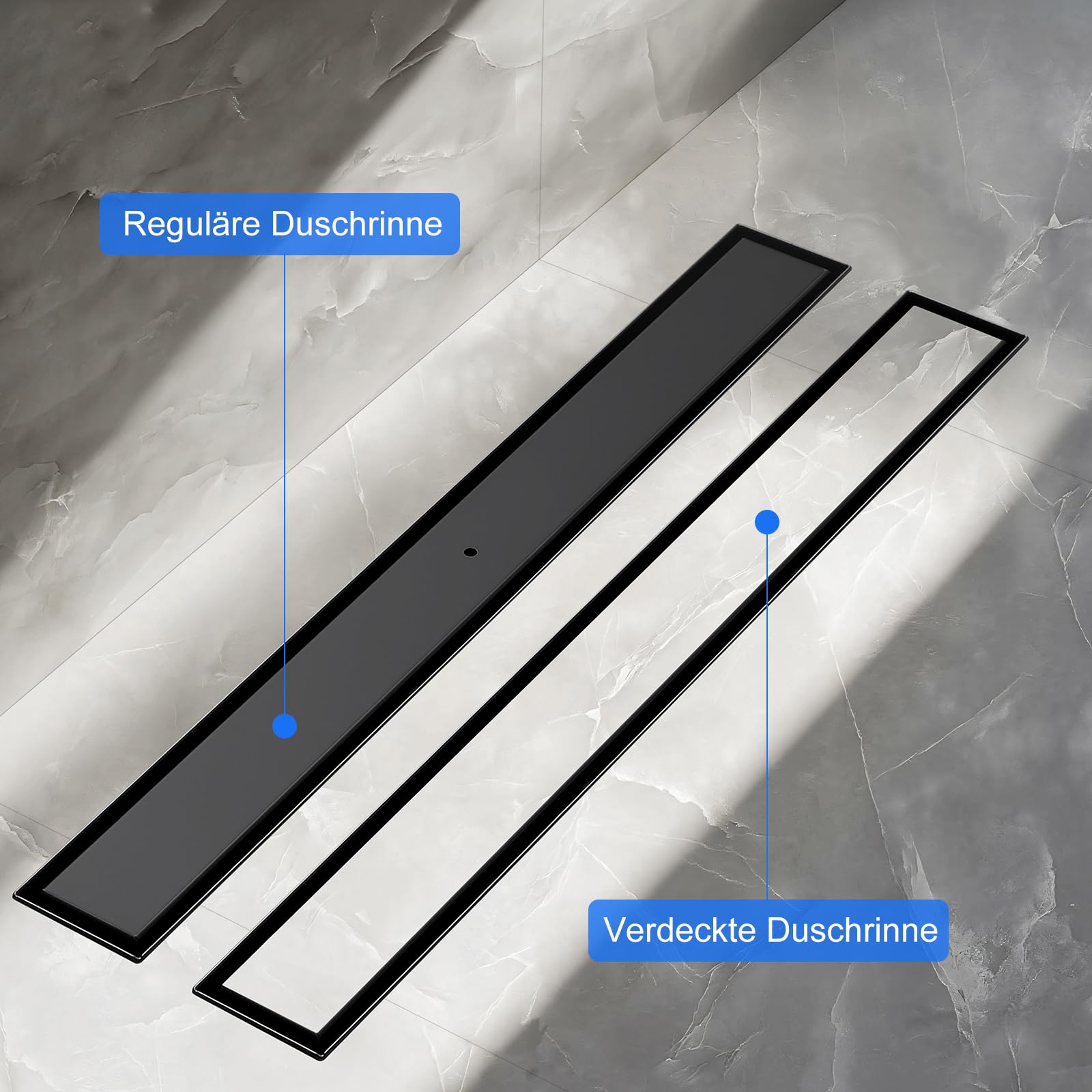 Canaleta para ducha con revestimiento de azulejos, 80 cm, color negro mate, sifón de 360° con filtro antiolores y filtro para el pelo, acero inoxidable 304, desagüe para el suelo, desagüe de