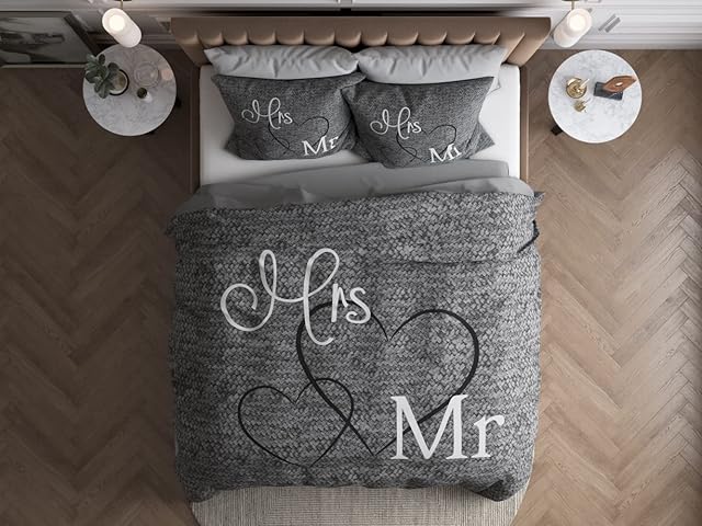 SLEEP TIME Duvet cover set, Mr. And Mrs. Love, Double, 200x220cm, 2 pillowcase, 100% Cotton, Button Closure