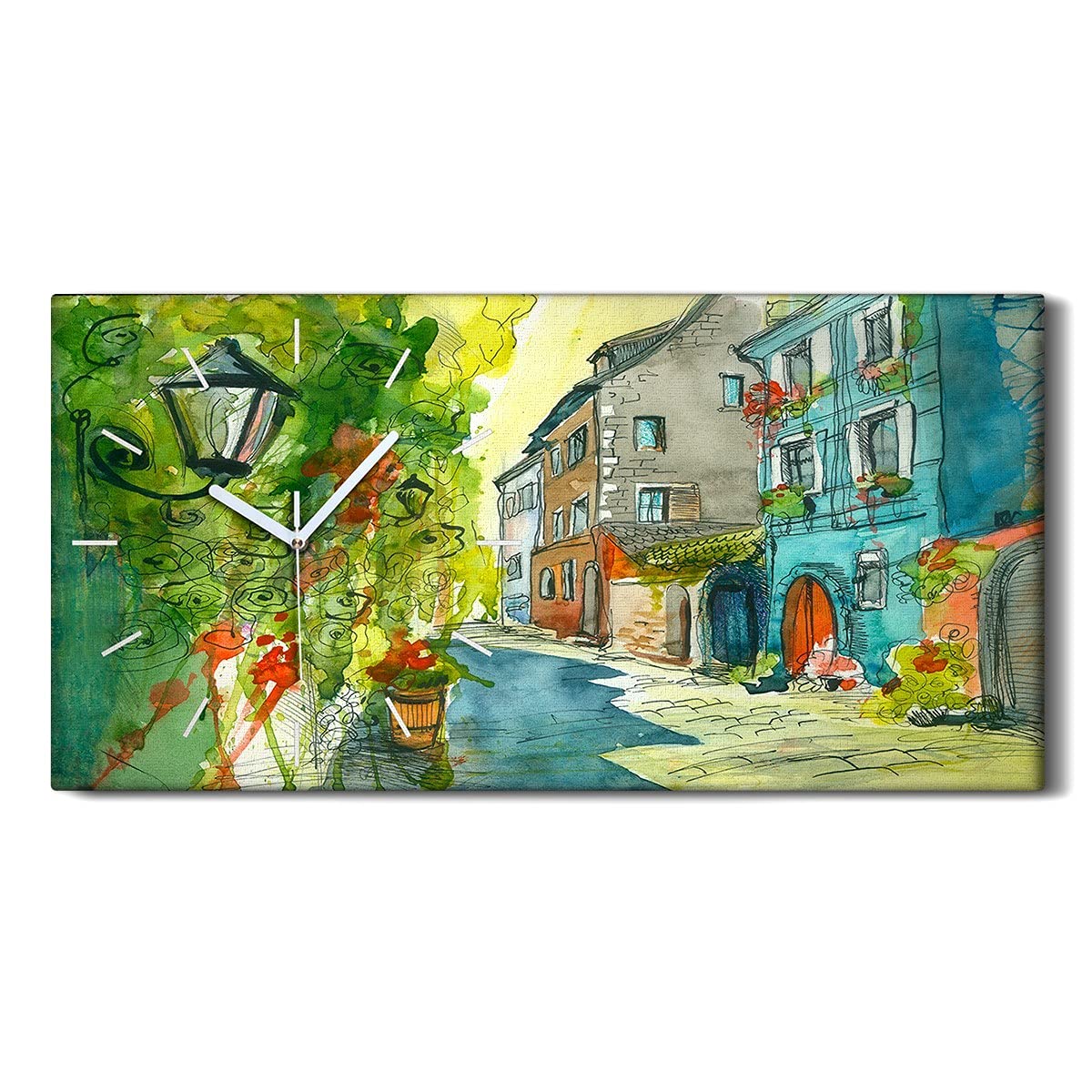 Horloge sur toile abstrait bâtiment ville fleurs image decoration 60x30
