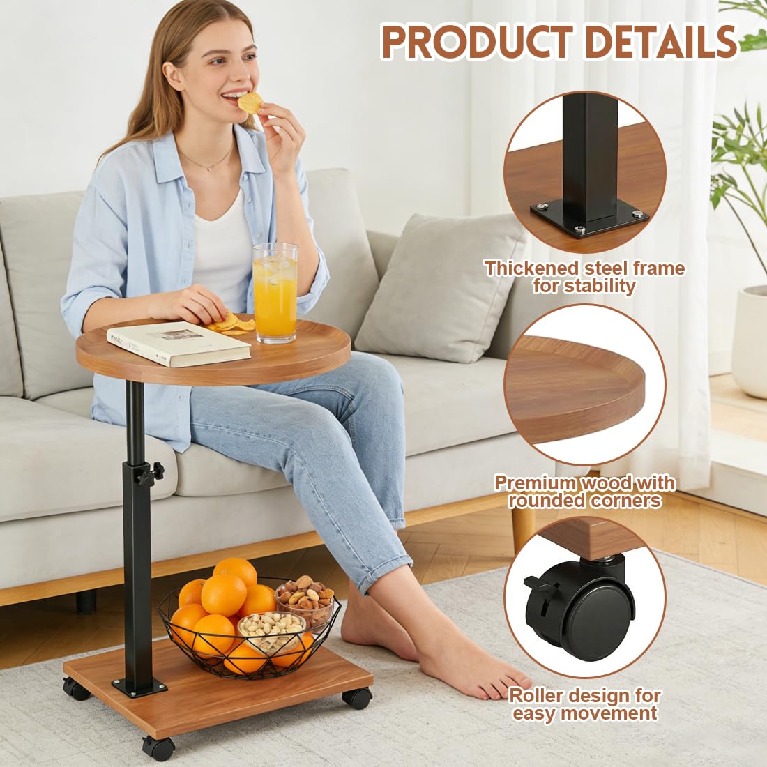 XUTUUDID Beistelltisch mit Rollen, Holz Beistelltische Runden Form, Beistelltisch Höhenverstellbar, Haben 360° Rotierend Nussbaum Finish, für Sofa Couch (Holzfarbe) Küche, Haushalt & Wohnen