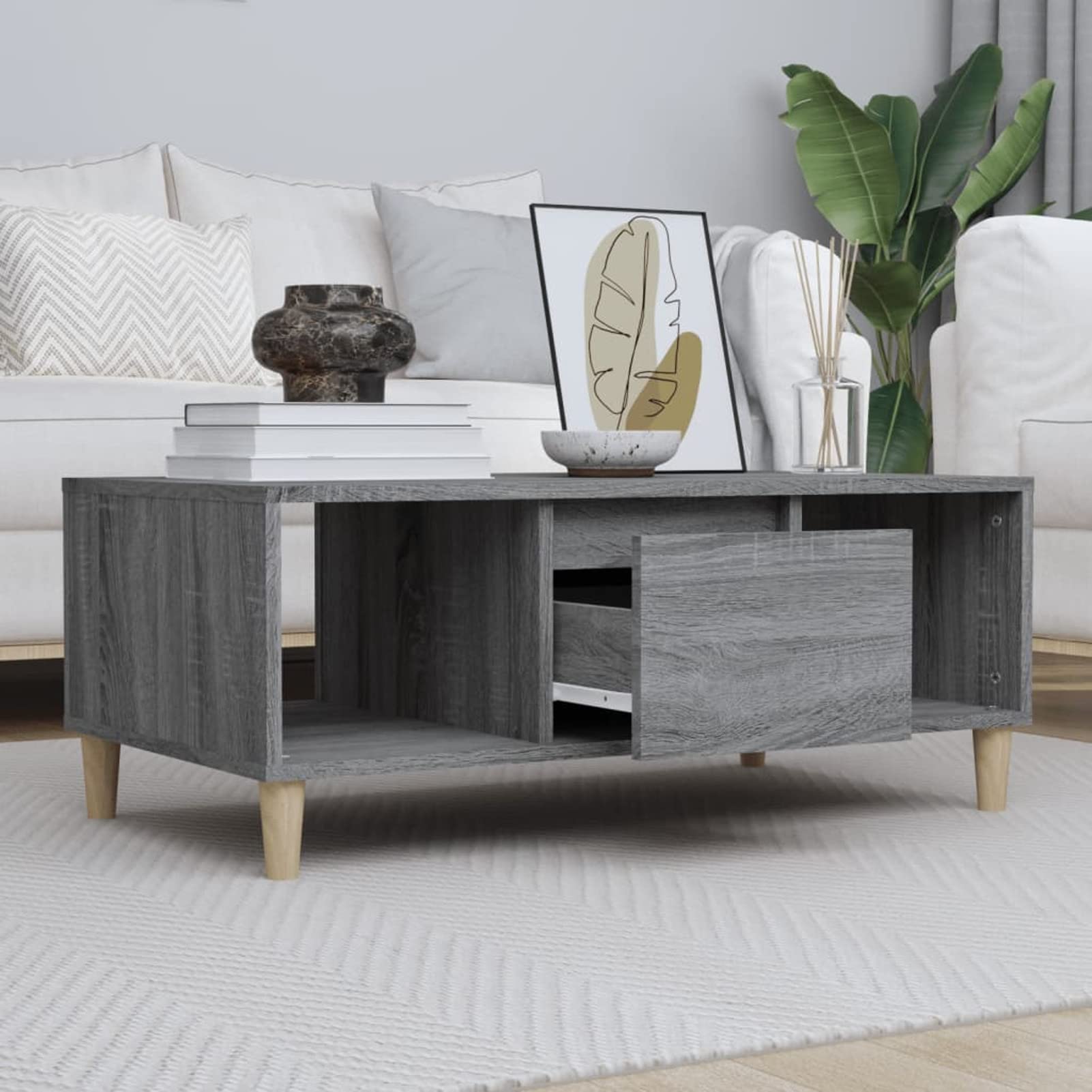 Homgoday Table basse grise Sonoma 90 x 50 x 36,5 cm, table d'appoint en bois d'ingénierie, table d'appoint pour salon, salle de réception d'invités, chambre à coucher et mobilier de bureau
