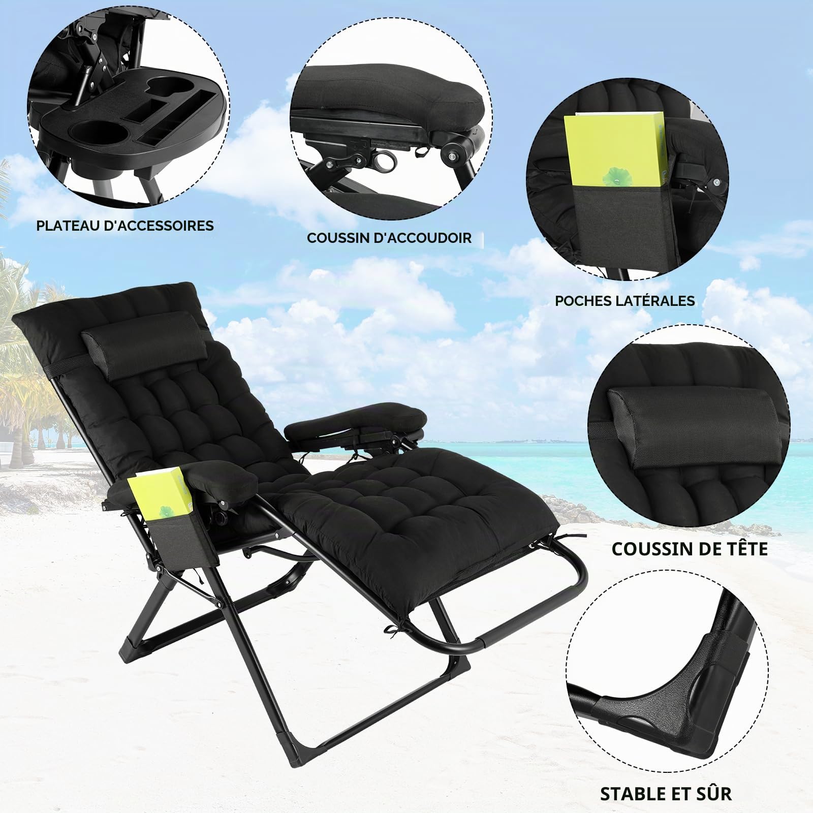 TLGREEN Lot de 2 transats Jardin extérieur Pliables, Bain de Soleil avec Coussin, Fauteuil élargie, Dossier réglable, Porte-gobelet, Charge Max 160 kg, pour Jardin,terrasse, Piscine (Noir)