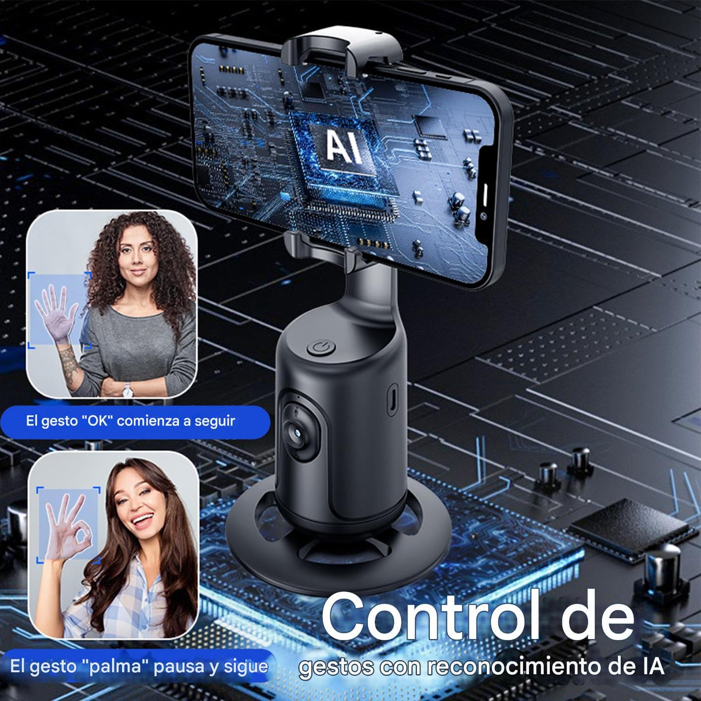 Treppiede con monitoraggio automatico per telefono cellulare, supporto per telefono con rotazione automatica a 360 gradi, da scrivania per matrimoni, giochi, ufficio, viaggi, sport