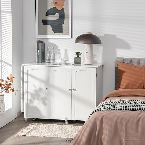 Miniatura 7 de COSTWAY Mesa para máquina de coser, mesa plegable de estación de manualidades de 62.5 x 20 pulgadas con ruedas bloqueables, estantes de