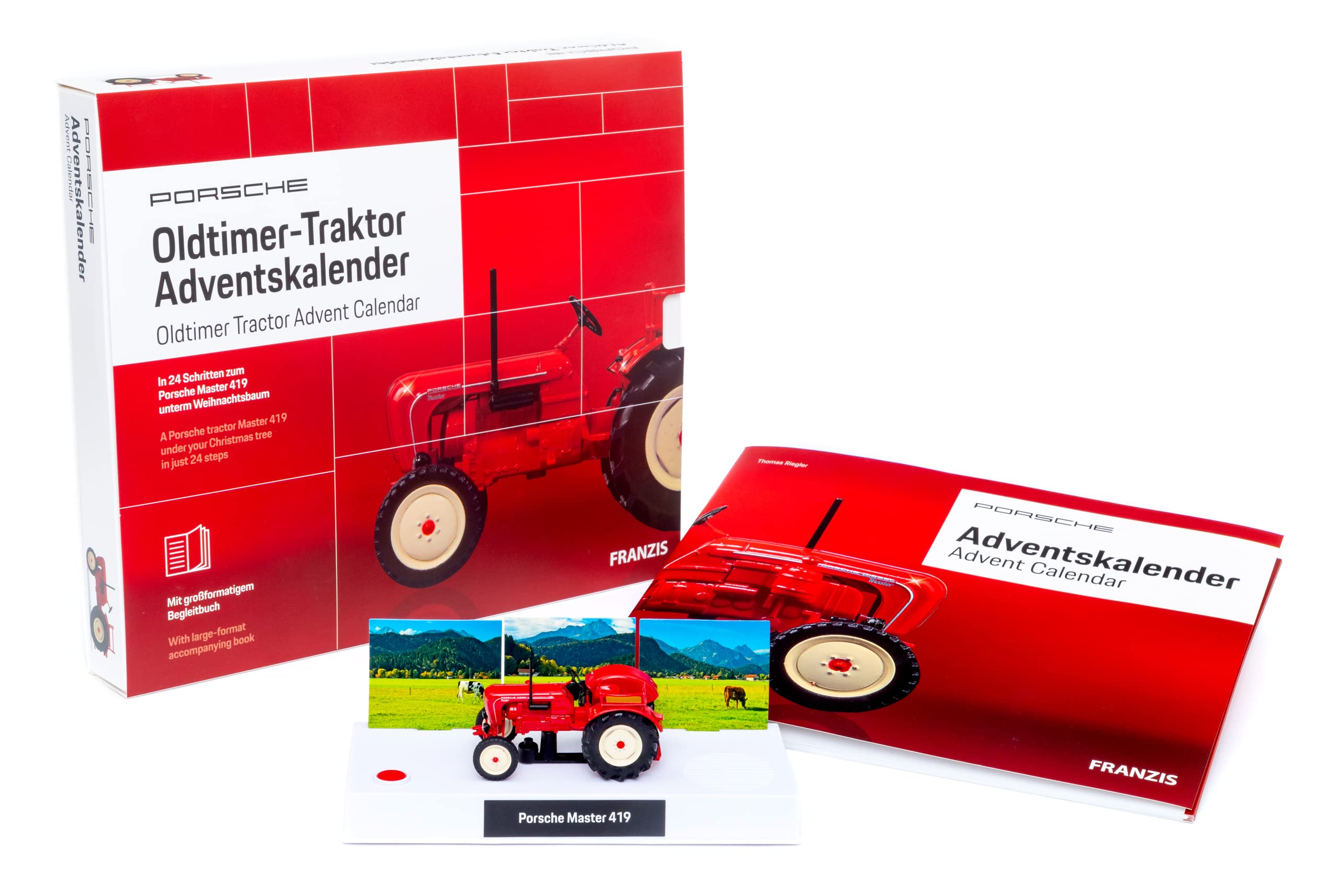 FRANZIS 67067 Porsche Oldtimer-Traktor Adventskalender 2019 | in 24 Schritten zum Porsche Master 419 unterm Weihnachtsbaum | Für Sammler und Modellbau-Liebhaber | Ab 14 Jahren