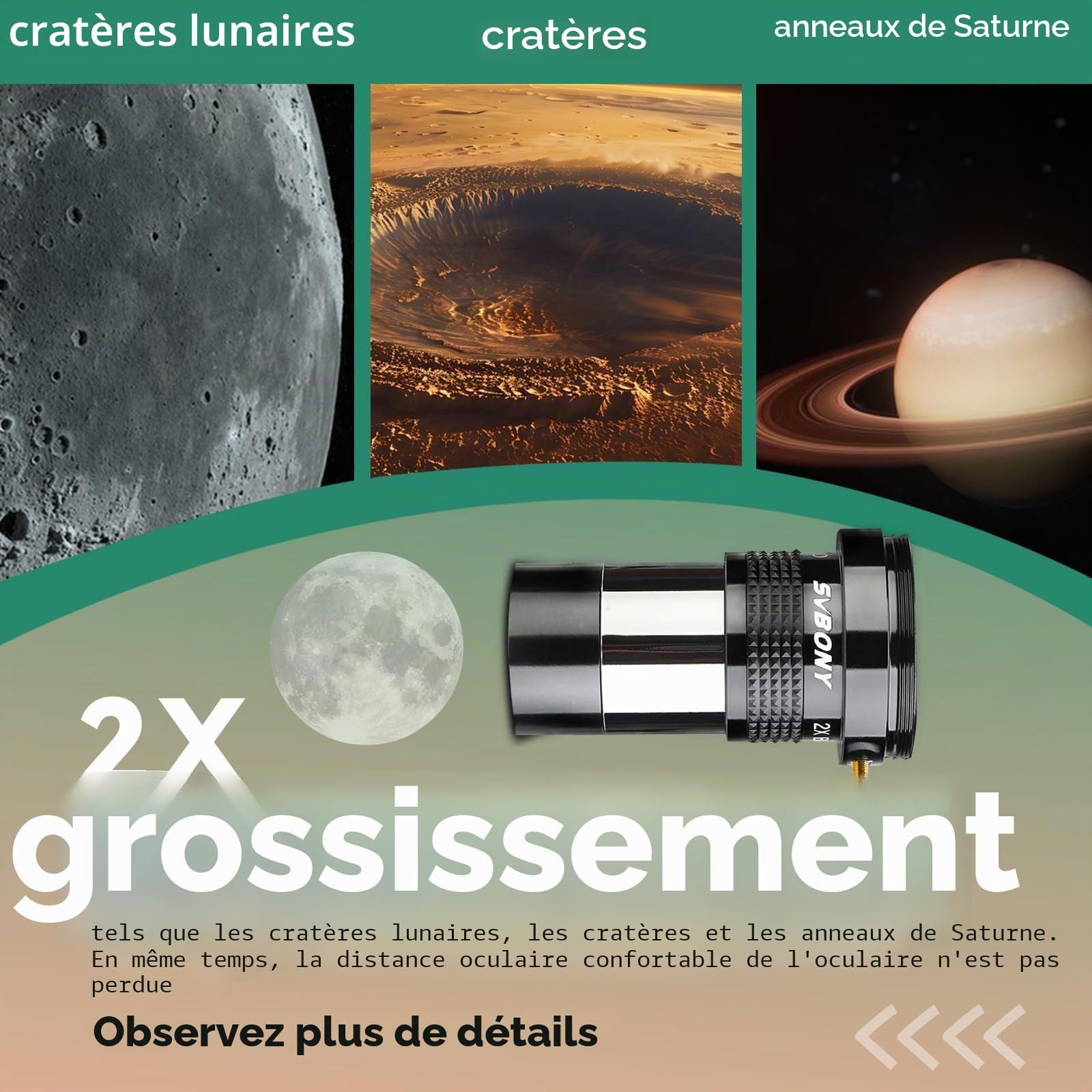 Svbony SV137 Barlow 2X, 1,25 Pouces Barlow Lentille, FMC Barlow en Métal avec Filetage en T pour l'Observation Planétaire de l'Oculaire du Télescope