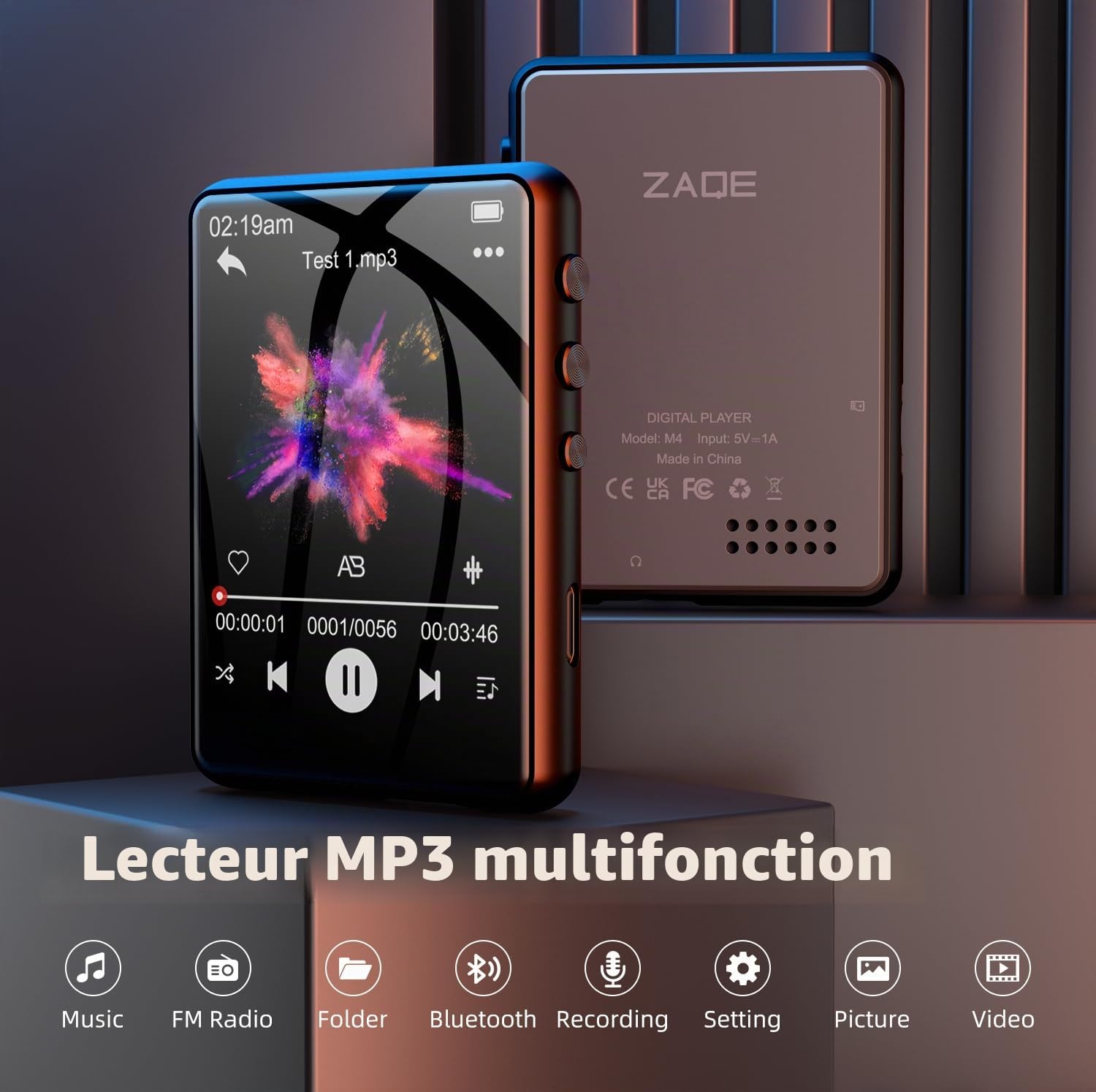 64Go Lecteur MP3 Bluetooth 5.3, 2,4" Tactile Portable MP3 Lecteur Musique, HiFi Baladeur Mp3 avec Hautparleur Vidéo/Enregistrement Vocal Radio FM Ebook Extensible 128Go(Espace Noir)