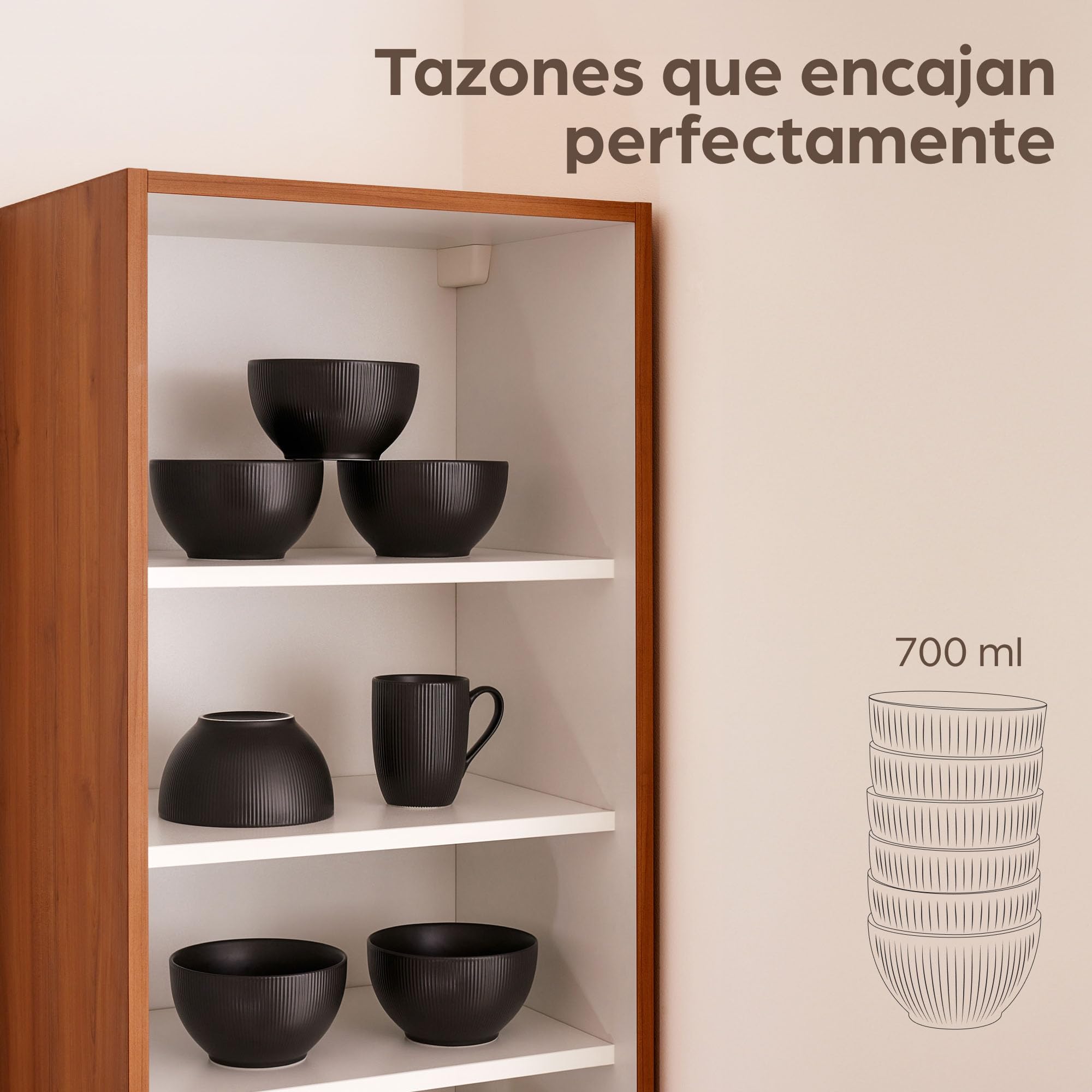 Praknu 6 Cuencos de Cerámica Grandes 700 ml Negros – Para Cereales, Sopa y Ensaladas – Resistentes y Aptos para Microondas y Lavavajillas - Cuencos de Ensalada y Sopa