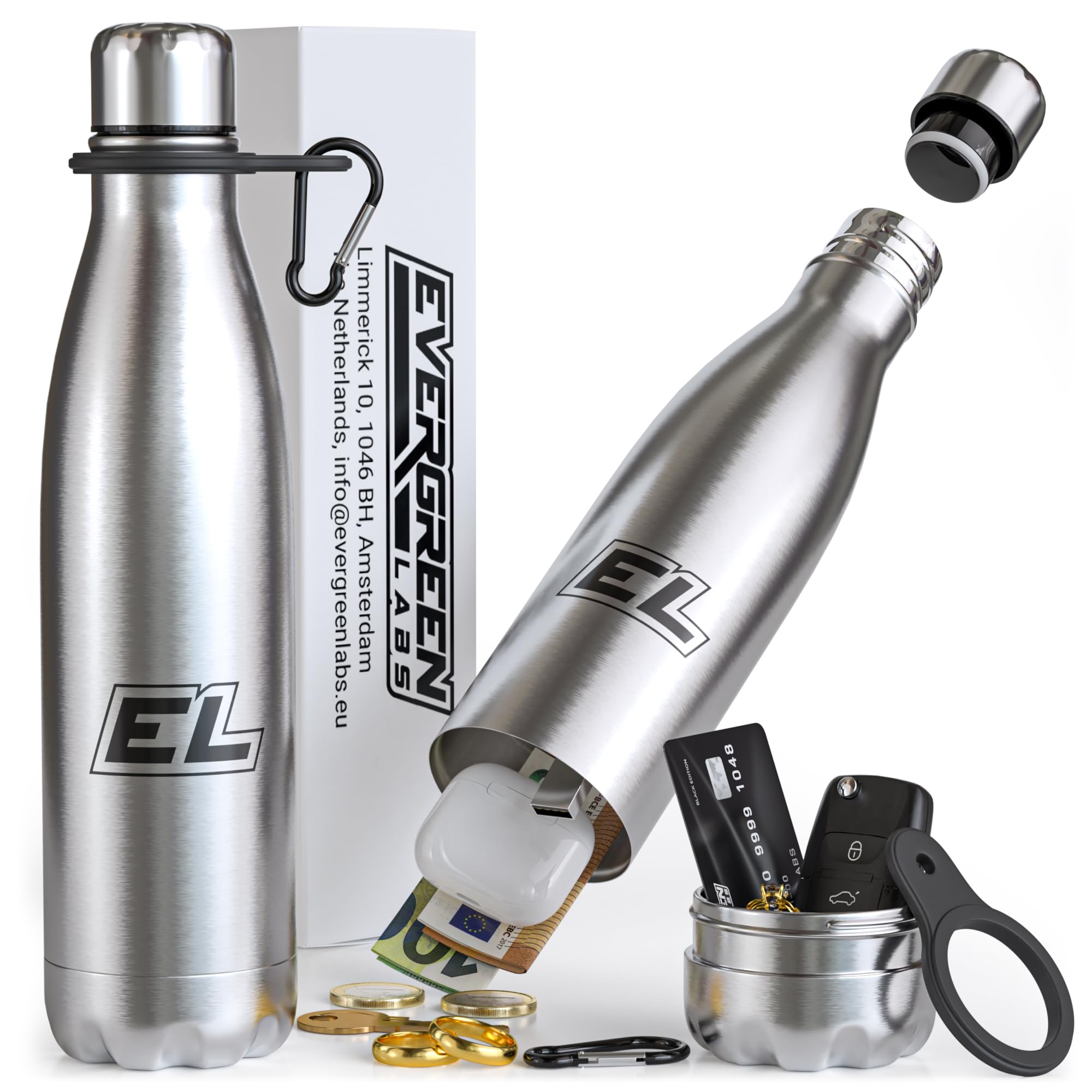 Evergreen Labs Water Bottle with Secret Compartment - Secret Hiding Valuables - Stainless Steel Thermos Flask (30.5 cm) with Large Hiding Place (7 x 7 cm) for Money, Keys & Jewellery - Silver