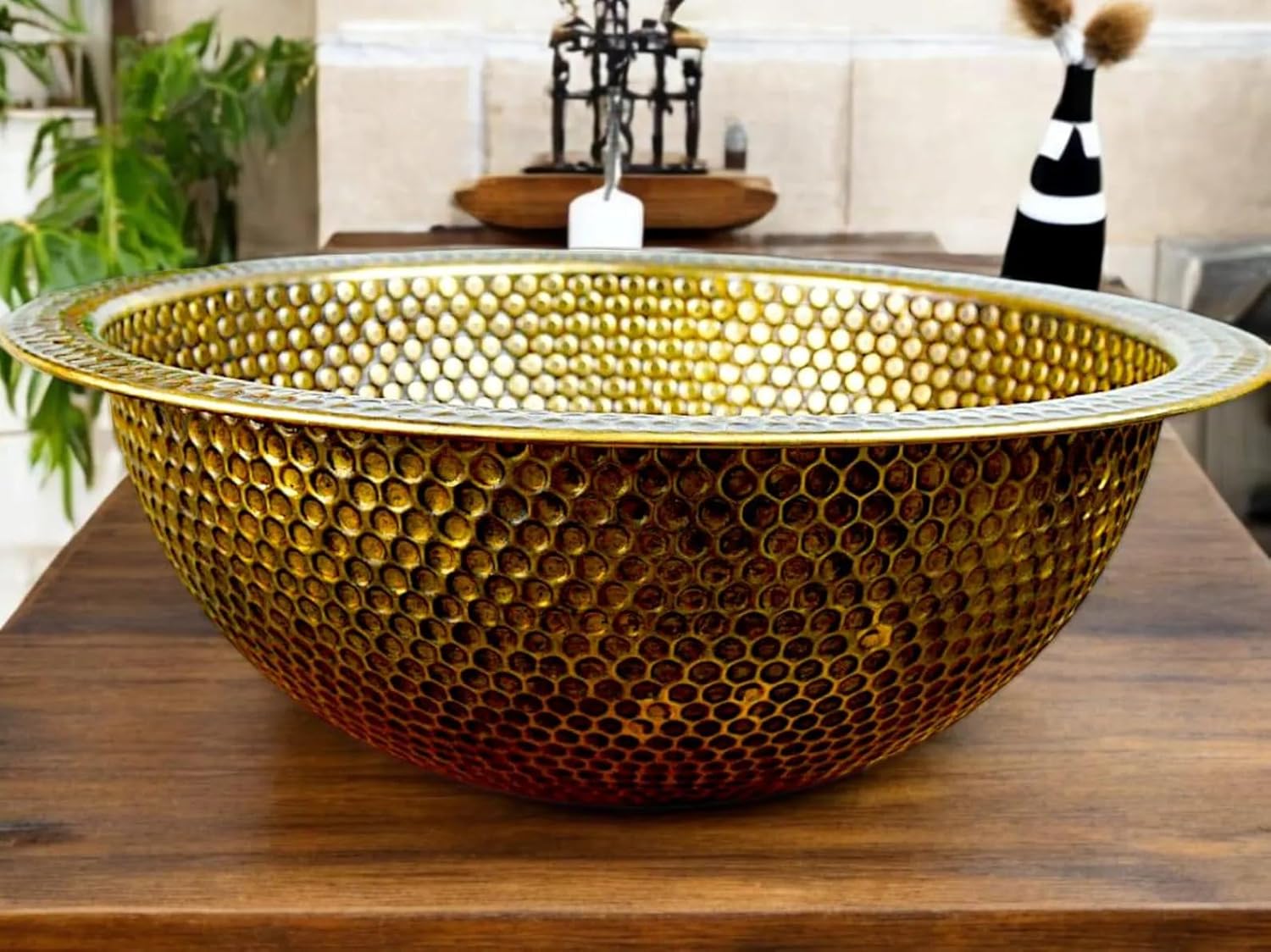 Custom Made 16 Guage Brushed Brass Bathroom Sink, Dual Mount Round Brass Sink, Hand Hammered Above Counter Vanity Sink, Copper Handcrafted Drop-in Bathroom Vanity Sink (14"= 35cm)