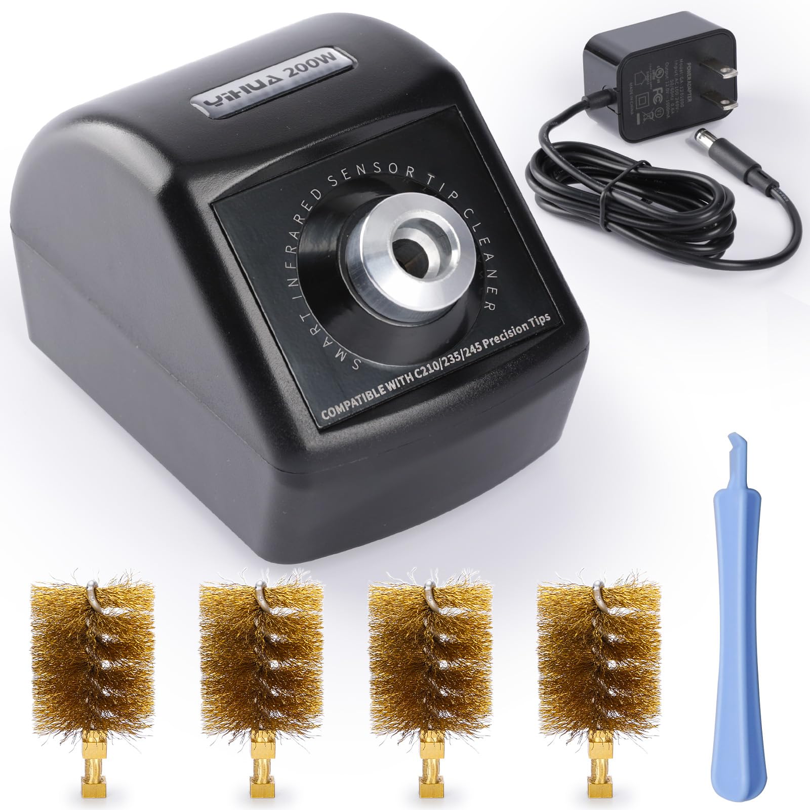 YIHUA 200W Motorized Soldering Tip Cleaner with Infra-red Sensor, 6 Brass Wool Brushes, 12V Power Adapter, Pry Bar – Compact Soldering Iron Tip