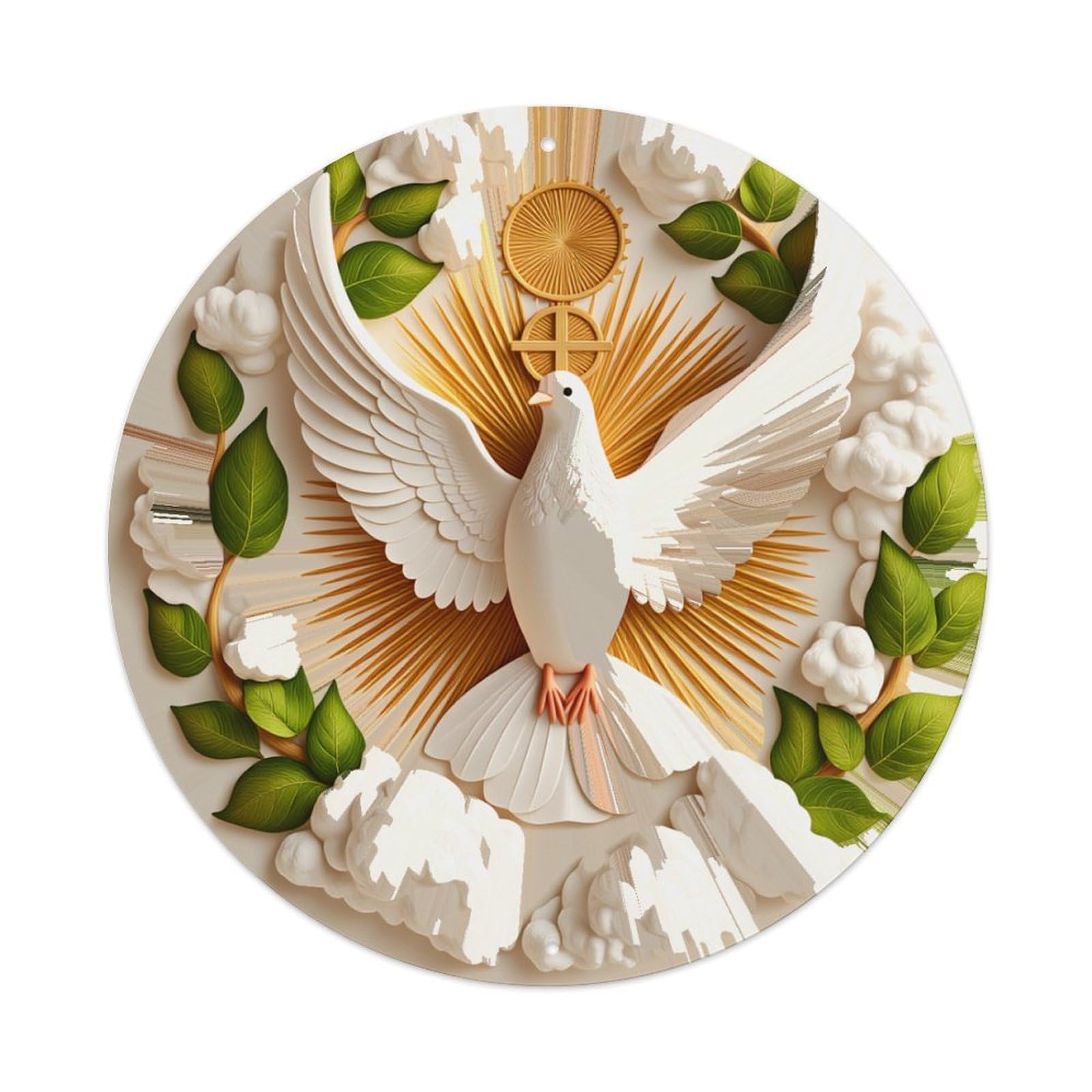 Dove Wings Sunburst Clouds Leaves Round Tin Sign Retro Metal Sign for Cafe Bar Pub Home Game Room Gym Club Wall Decoration Vintage Metal Poster 8x8 Inch