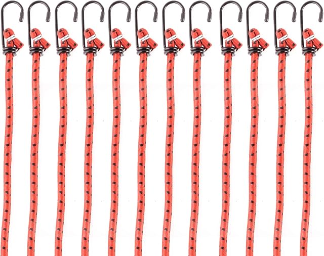 Pretex Heavy Duty Bungee Cords with Hooks - Set of 12 - Extra Strong Bungees for Luggage & Camping Universal Tie Down Cord Straps - 38.1 cm (15 inch) Length x Red