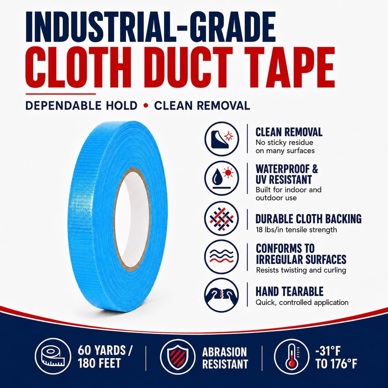 Cinta adhesiva T.R.U. CDT-36 de grado industrial. Impermeable y resistente a los rayos UV. Varios colores disponibles. 60 yardas. (azul cielo, 1 pulgada).