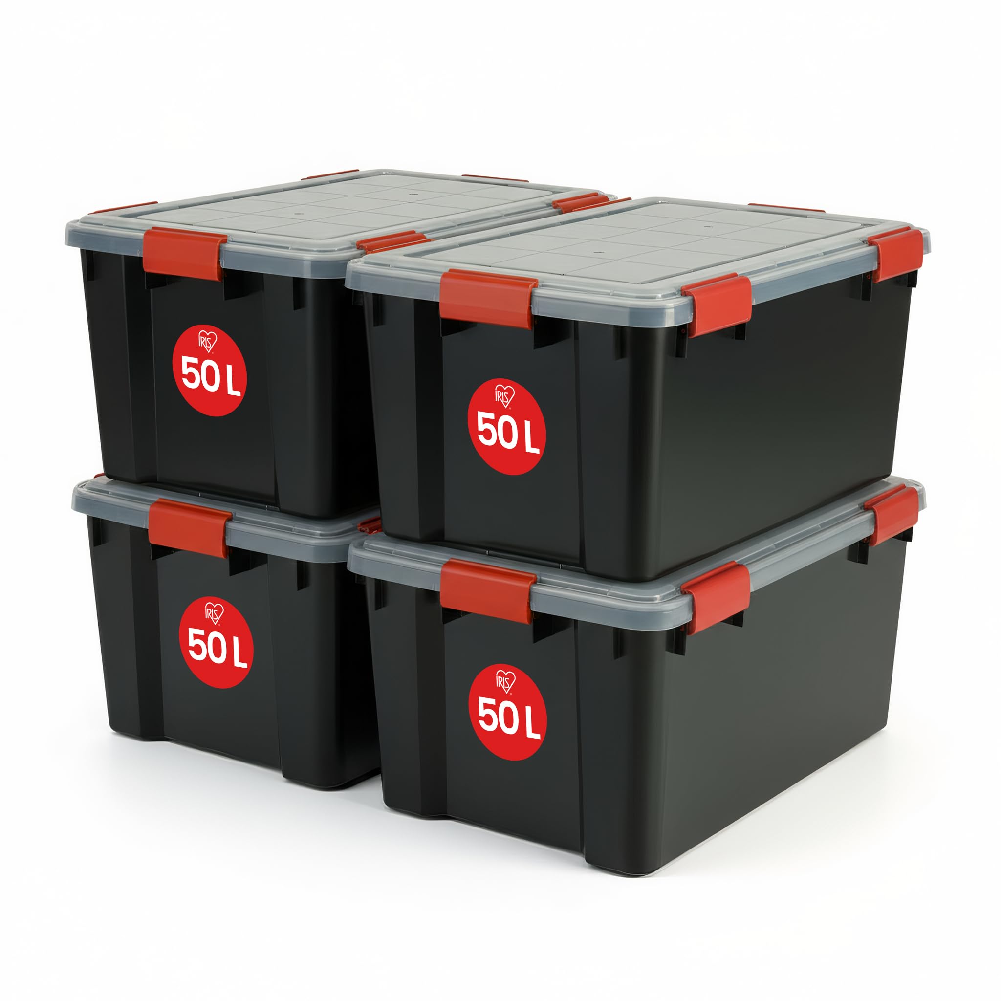 Iris Ohyama, Scatole Portaoggetti Ermetiche in Plastica, 50L, Set di 4, Nero, Coperchio Impermeabile, con Chiusura, Impilabile, Per Esterni, Garage, Vestiti, Antipolvere, Senza BPA, AT-L