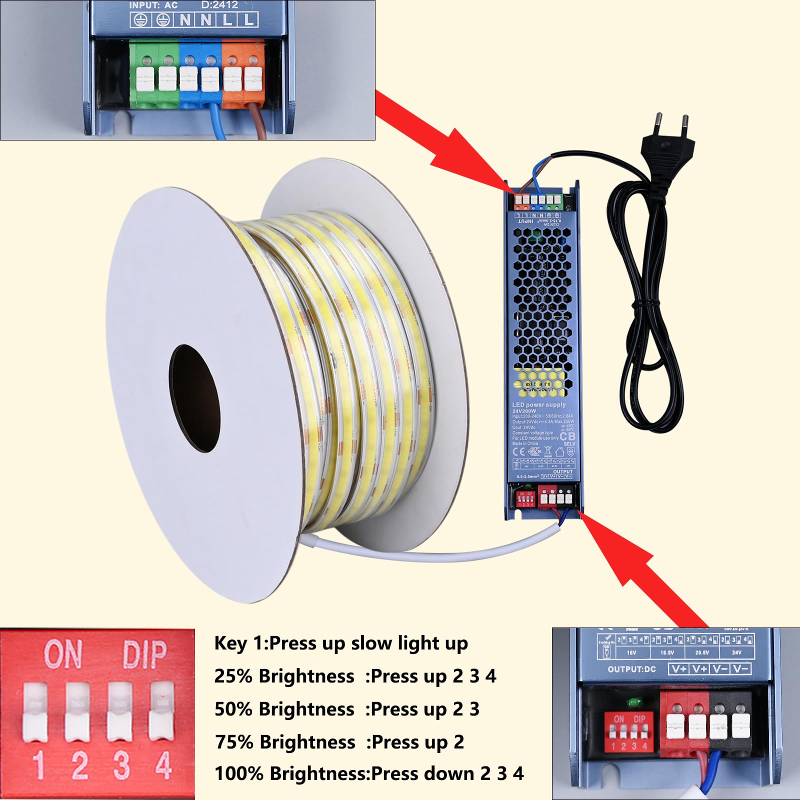 BENLUN Striscia LED COB 24V Esterno Impermeabile 20 Metri con Alimentatore | 4000K Bianco Naturale Kit Luci LED 7W/m 312LEDs/m CRI 93 senza Caduta di Tensione per Camera da letto, Cortile, Giardino