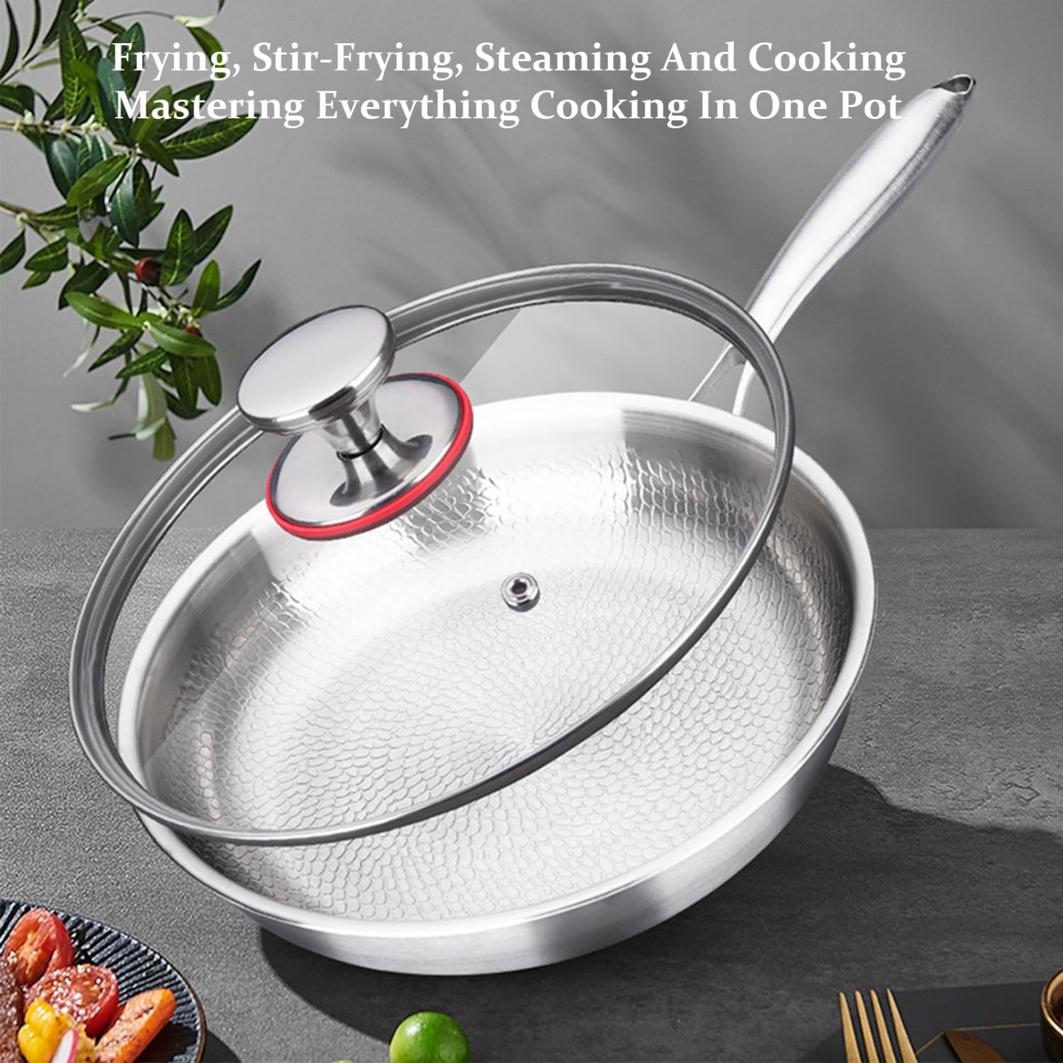 Padella in titanio martellato antiaderente con coperchio, resistente ai graffi, per cucinare e wok, 28 cm, multifunzione