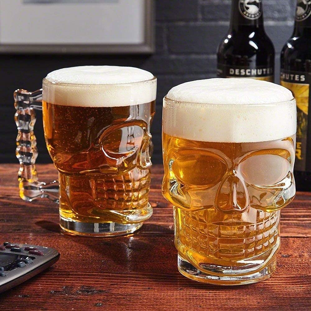 TARISSA Skull Glass Beer Mug with Handle 500ml, Set of 6, Heavy Base Funny Beer Stein Cup Clear Drinking Glasses for Whisky, Wine, Juice, Bar, Gifts