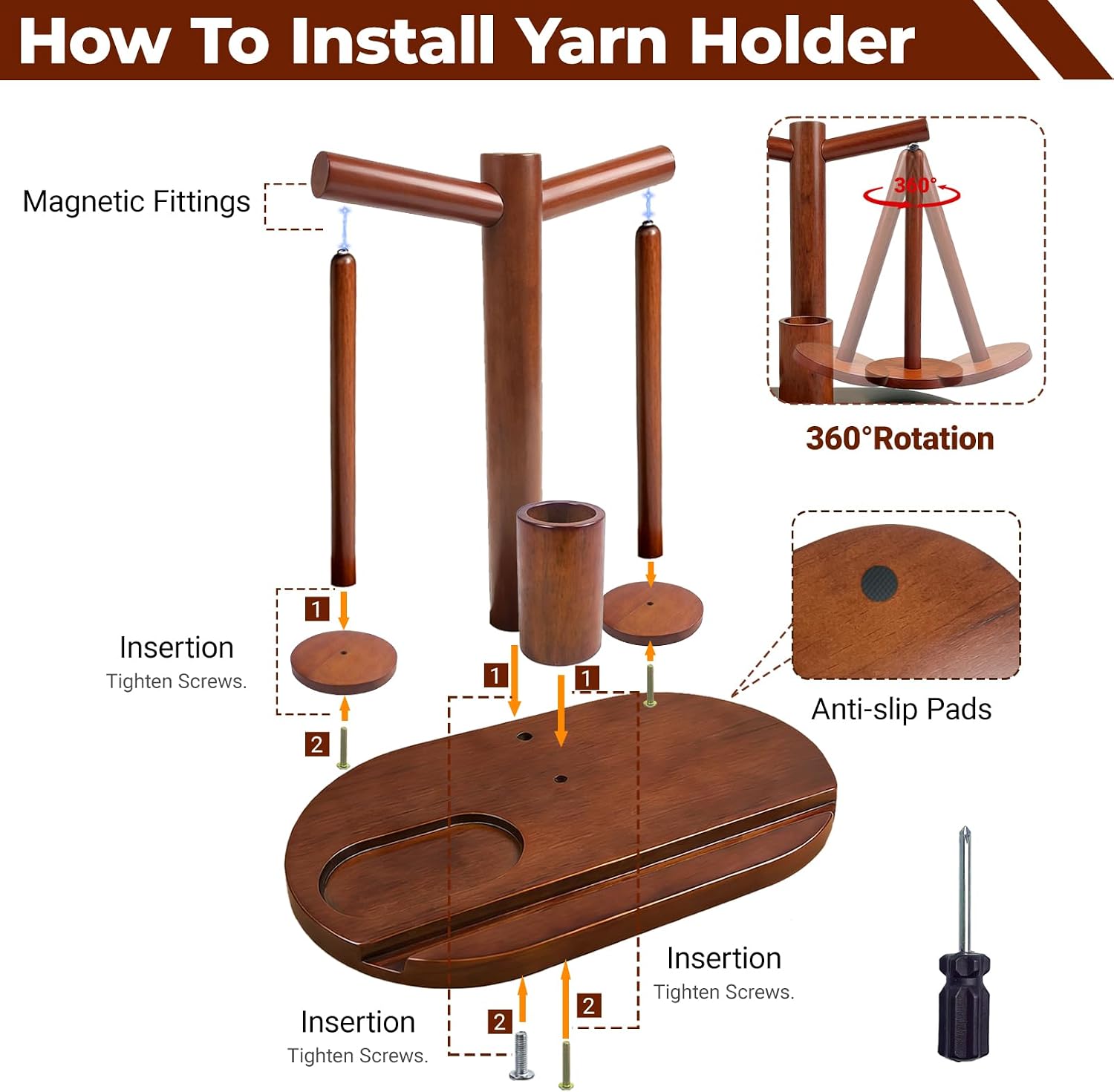 Lemosyu Wooden Yarn Holder for Crocheting and Knitting, Magnetic Rotating Yarn Spinner with 2 Spindles, Crochet Accessories Storage & Phone Stand, Perfect Gift for Knitters, Women, Mom, Grandma