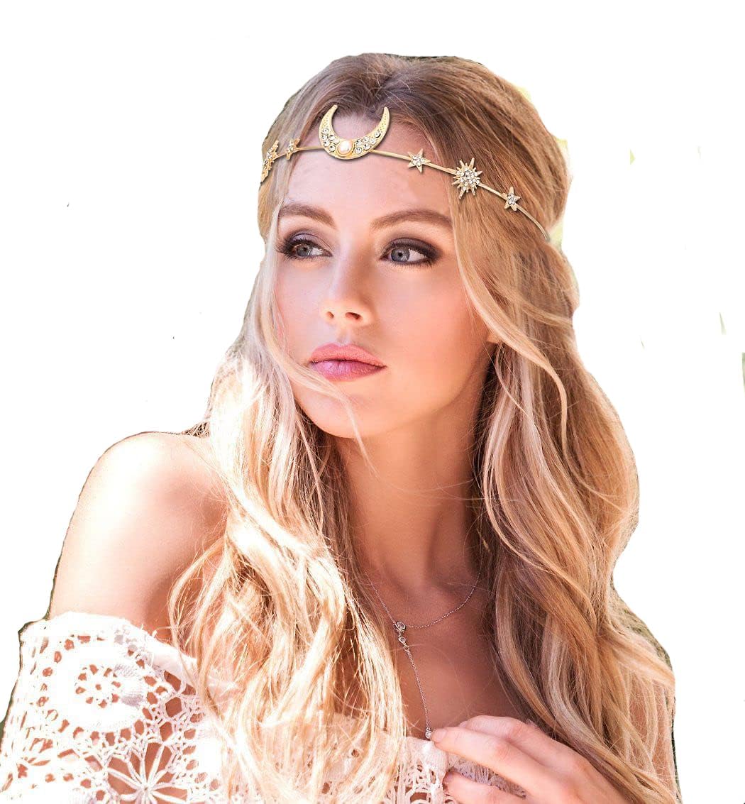 – Crystal Headdress, Bohemian Head Chain Vintage Jewelry Headband Crystal Headpieces Moon Star Hair Accessories Hair Jewelry Headpiece Head Decoration for Women Girls