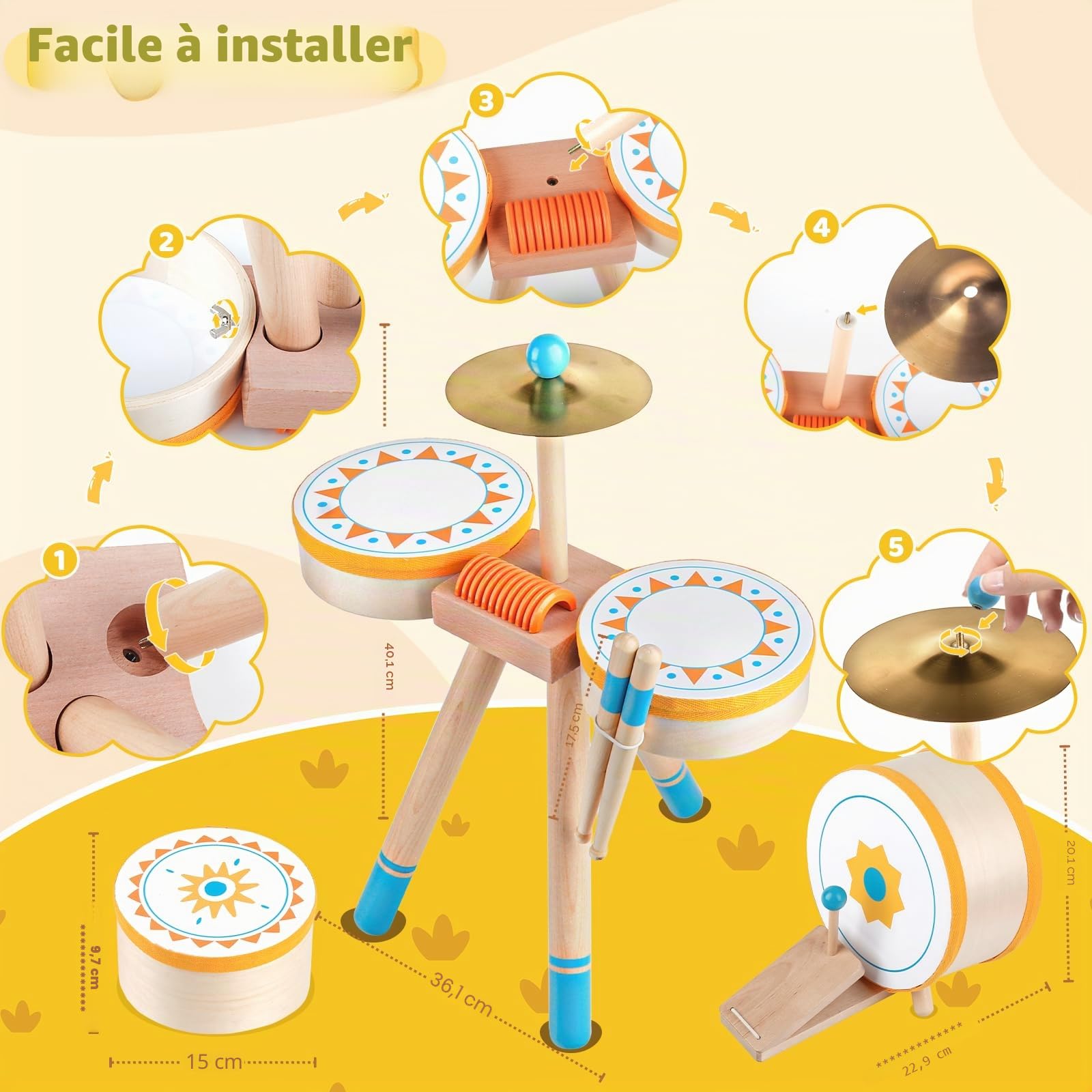 Set de Tambour Montessori en Bois pour bébé 1 an+, Enfants 1-3 Ans | Instrument de musique bébé avec accessoires, sons doux et jeu d’éveil, cadeau 1 an pour anniversaire/Noël fille ou garçon