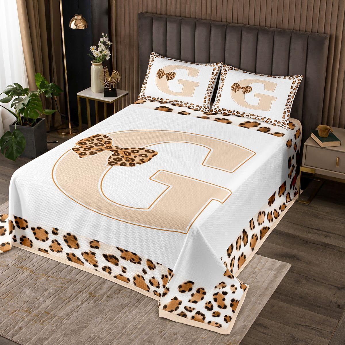 Feelyou Initial Letter A Bedspread Queen Size Abstract Coverlet Set Leopard Fur Stripes Quilted Coverlet for All Season with 2 Pillowcases Lightweight