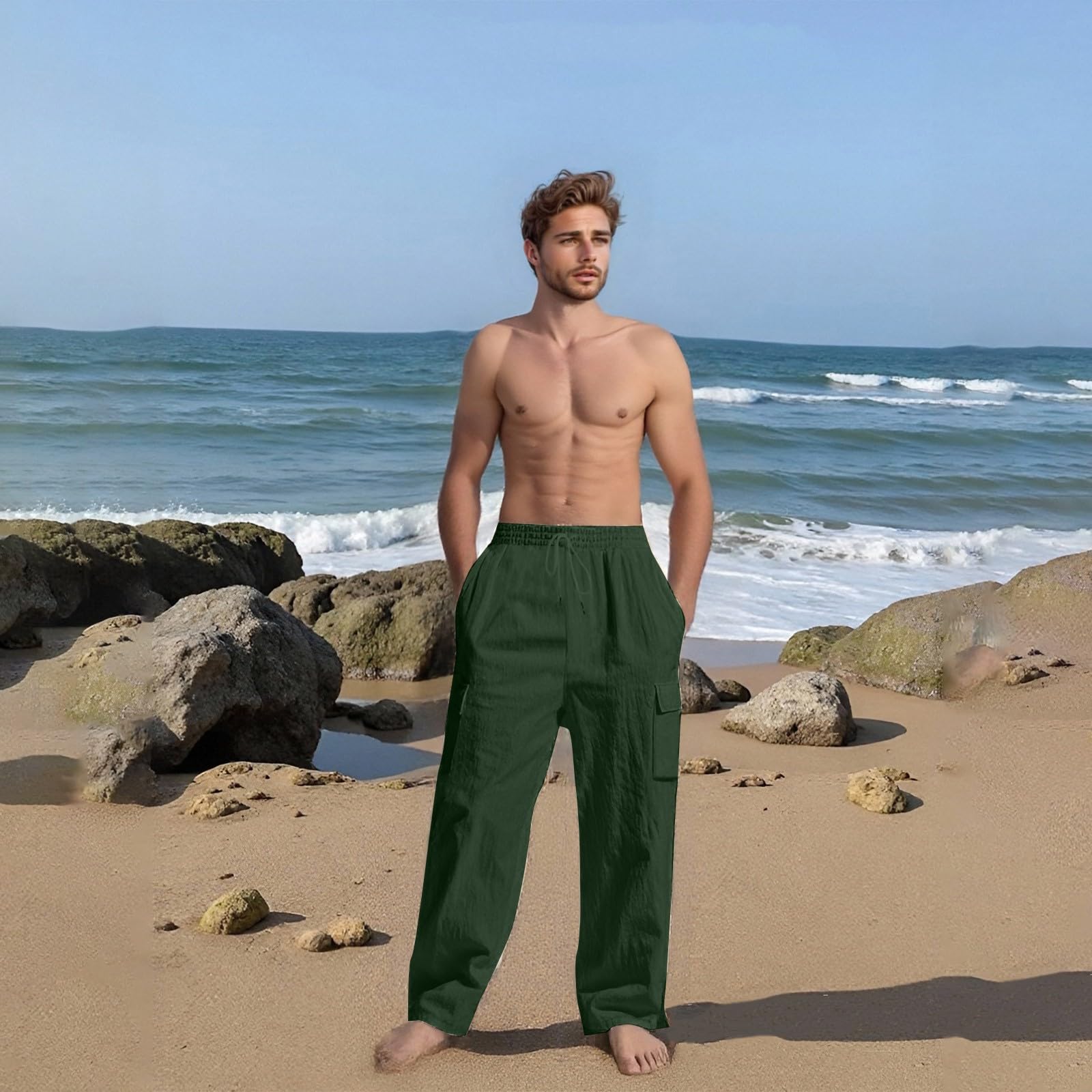 Linen Pants Men Elastic Waist Mencomfy Cargo Pants Loose Fit Beach Yoga Lounge Summer Pant with Pockets Cargo Linen Trousers Big and Tall Comfy Work Pant Tropical Summer Casual Trousers