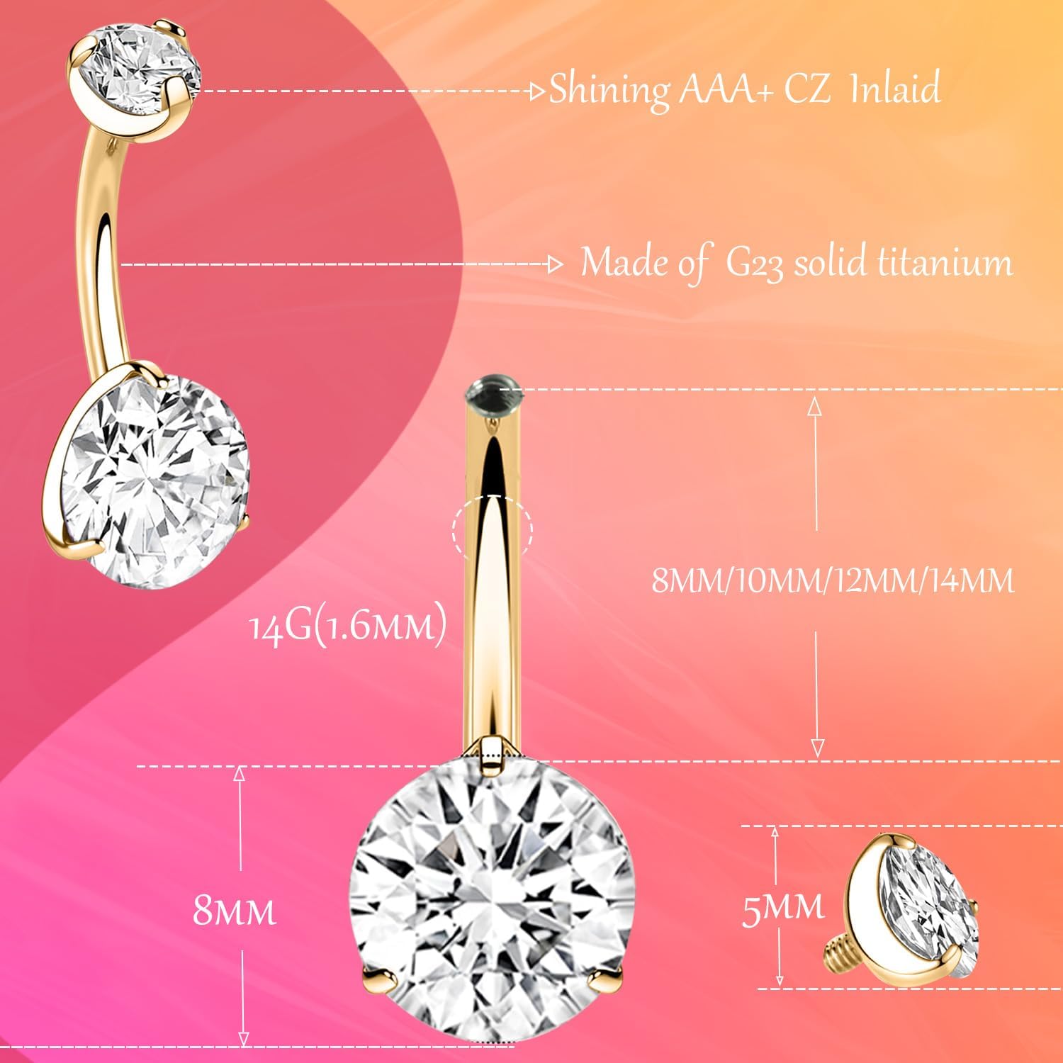 AROWRO G23 Titanium Belly Button Ring Hypoallergenic Belly Rings Internally Threaded Belly Button Piercing 14G 8-14mm Navel Piercing Jewelry with Round Cubic Zirconia - Image 6