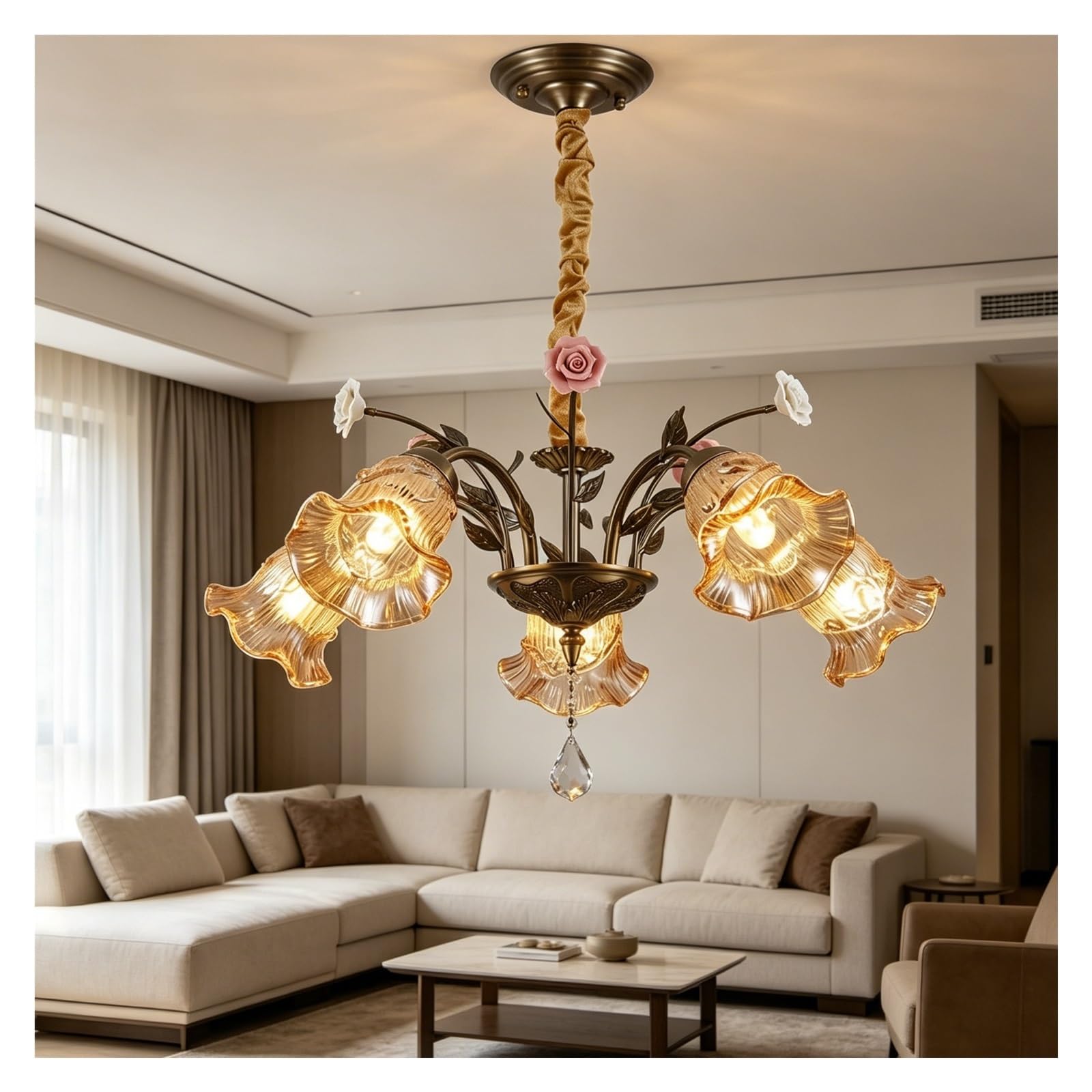 FEITENGDA Vintage Floral Chandelier French Country Amber Glass Flower Pendant Light with Ceramic Decor Mid Century Retro Brass Ceiling Hanging Lamp Fixture for Living Room Dining
