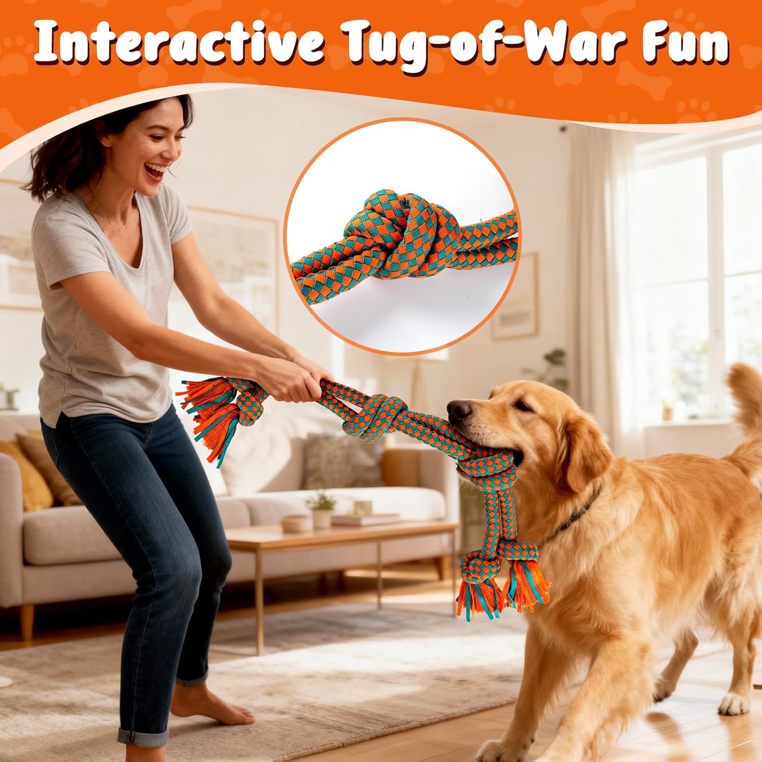 Interactive Dog Rope Toy for Large & Medium Dogs – Durable Tug of War Toy for Training, Boredom Relief & Teeth Cleaning, Safe Ultra-Fiber Chew Toy for Daily Play (Large)