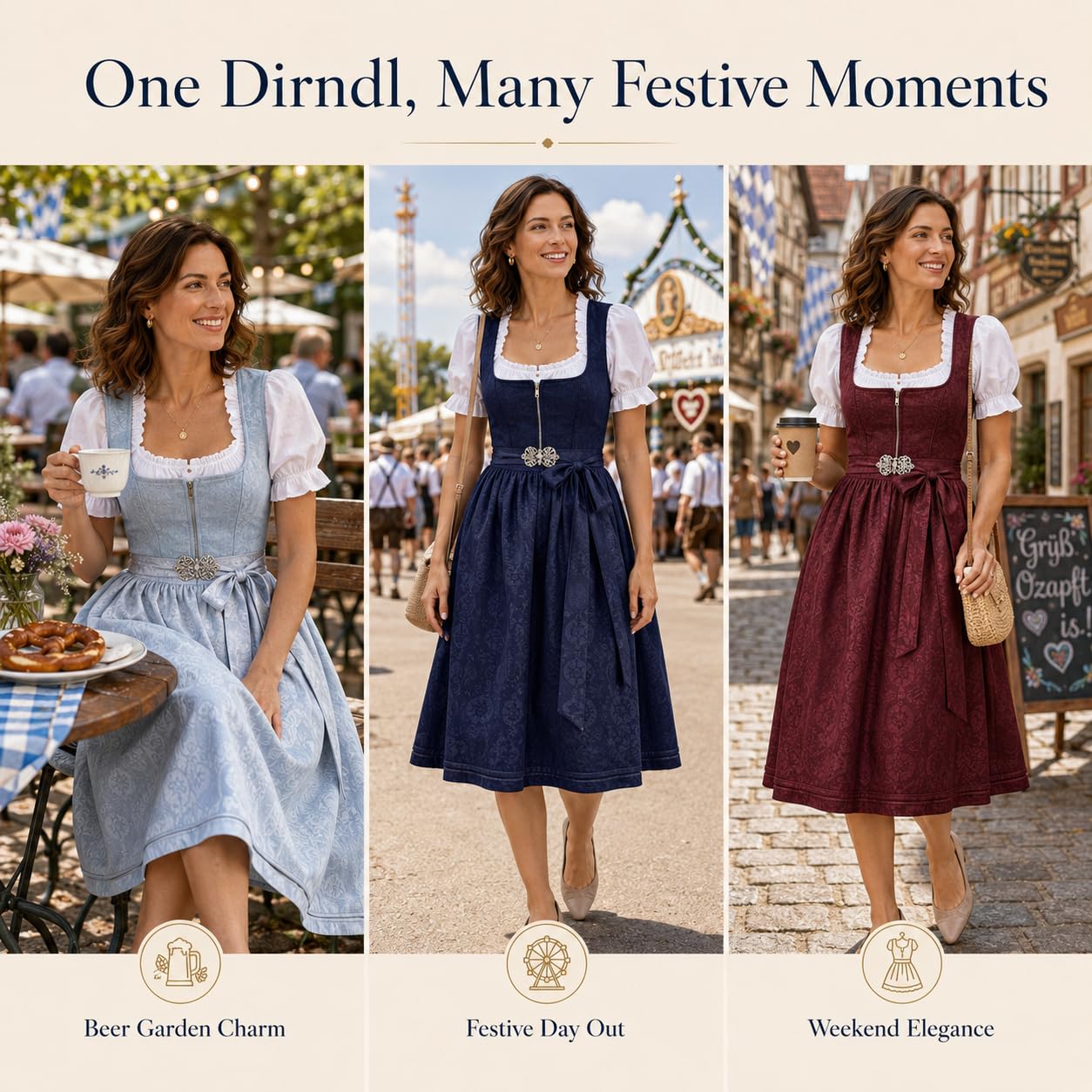 Dirndl Damen - 2 Teilig Oktoberfest Damen Outfit Midi Dirndlkleid Trachtenkleid inkl. Trachtenrock Dirndlschürze, Dirndl Kleidung Trachtenmode Kleid Schlicht Tracht Dirndlkleid Schürze Spitze Kleid