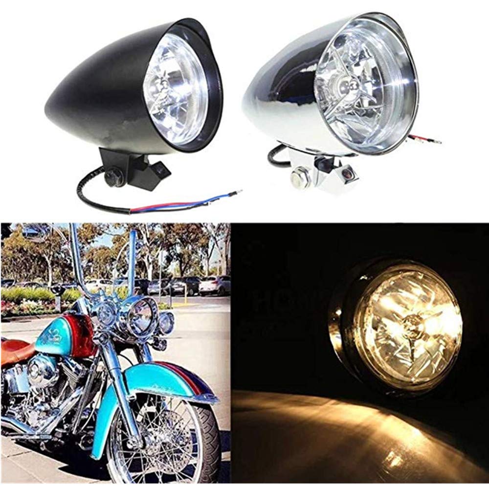 Motorrad Bullet Scheinwerfer H4 Visier Scheinwerfer Scheinwerfer für Harley Honda Suzuki Yamaha Kawasaki (Chrom)