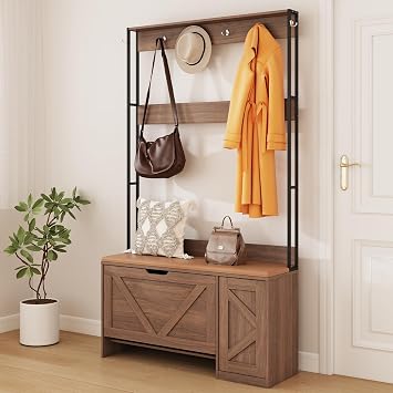3-in-1 Hall Tree with Bench and Shoe Storage, Coat Rack with 6 Coat Hooks, Shoe Cabinet with Flip Drawers & Shoe Cubby, Storage Organizer for Entryway, HallwayBrown