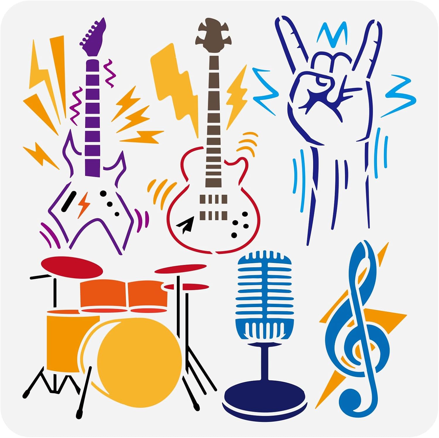 FINGERINSPIRE Music Stencil 11.8×11.8inch Reusable Rock Roll Musical Instruments Painting Template DIY Guitar Bass Drum Microphone Music Note Stencil for Painting on Wood Wall Fabric Furniture