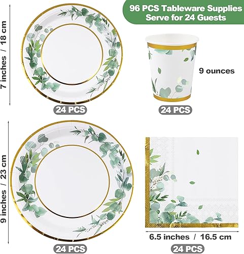 Miniatura 2 de Aneco Greenery Party Supplies - Juego de vajilla desechable de hojas de eucalipto para fiestas platos de papel servilletas temática de selva
