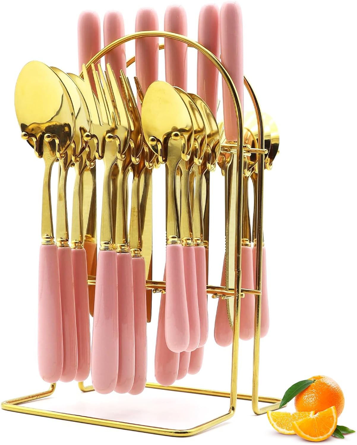 Gold Silverware Set, 24 Pieces Flatware Set with Silverware Holder, Stainless Steel Knives Forks Spoons Cutlery Set Service for 6, Kitchen Utensil Tableware Set with Pink Handle… Gold Silverware Set, 24 Pieces Flatware Set with Silverware Holder, Stainless Steel Knives Forks Spoons Cutlery Set Service for 6, Kitchen Utensil Tableware Set with Pink Handle…