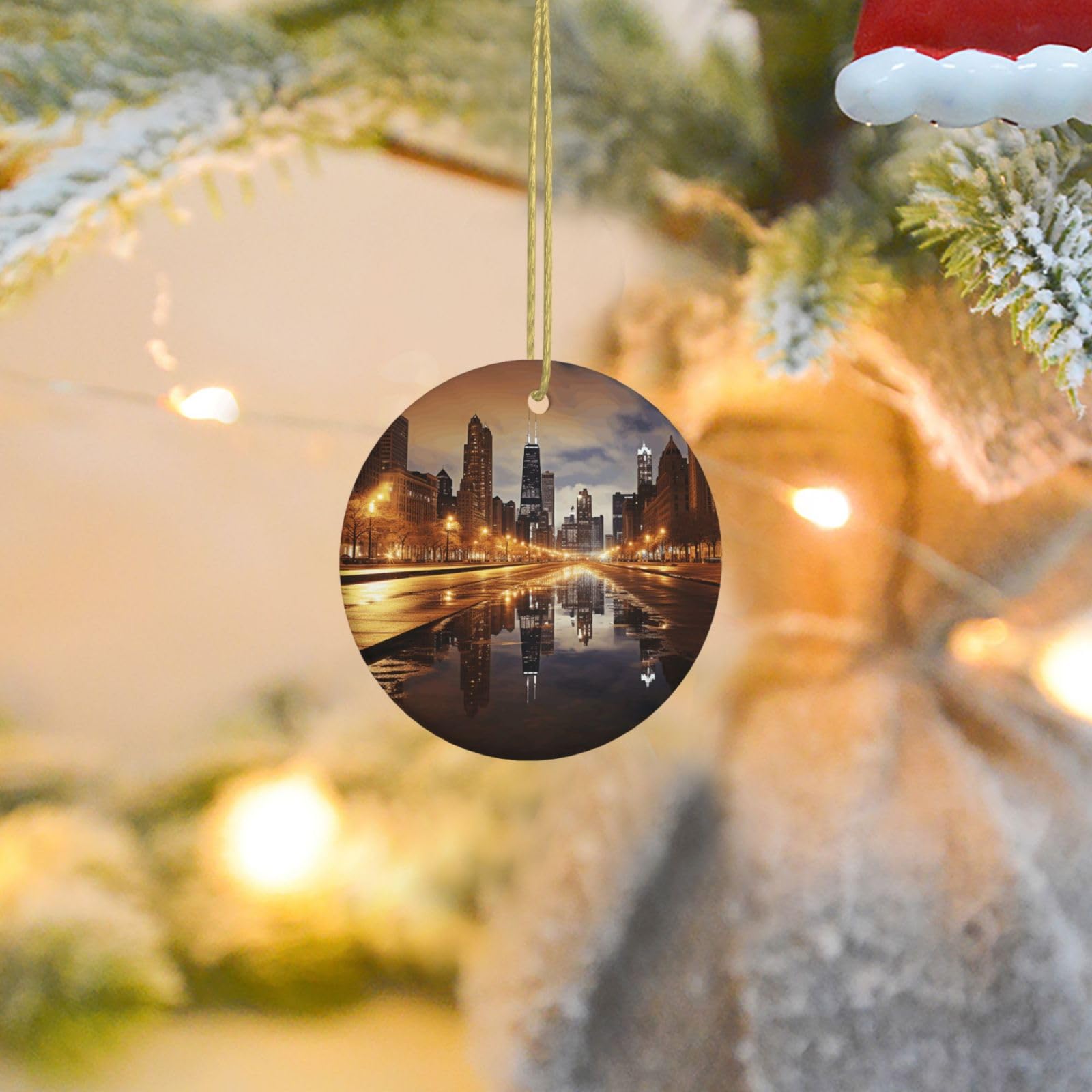 Christmas Ornaments for Christmas Tree Decoration Ceramic Hanging Chicago Ornament with Gold Ribbon Crafts Round Pendant for Keepsake Gifts Glass Xmas Decor Party Supplies