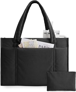 Tote Bags for Women, Lightweight Puffer Shoulder Handbag with Zipper, 15.6 Inch Quilted Large Work Teacher Bag for Travel School Beach