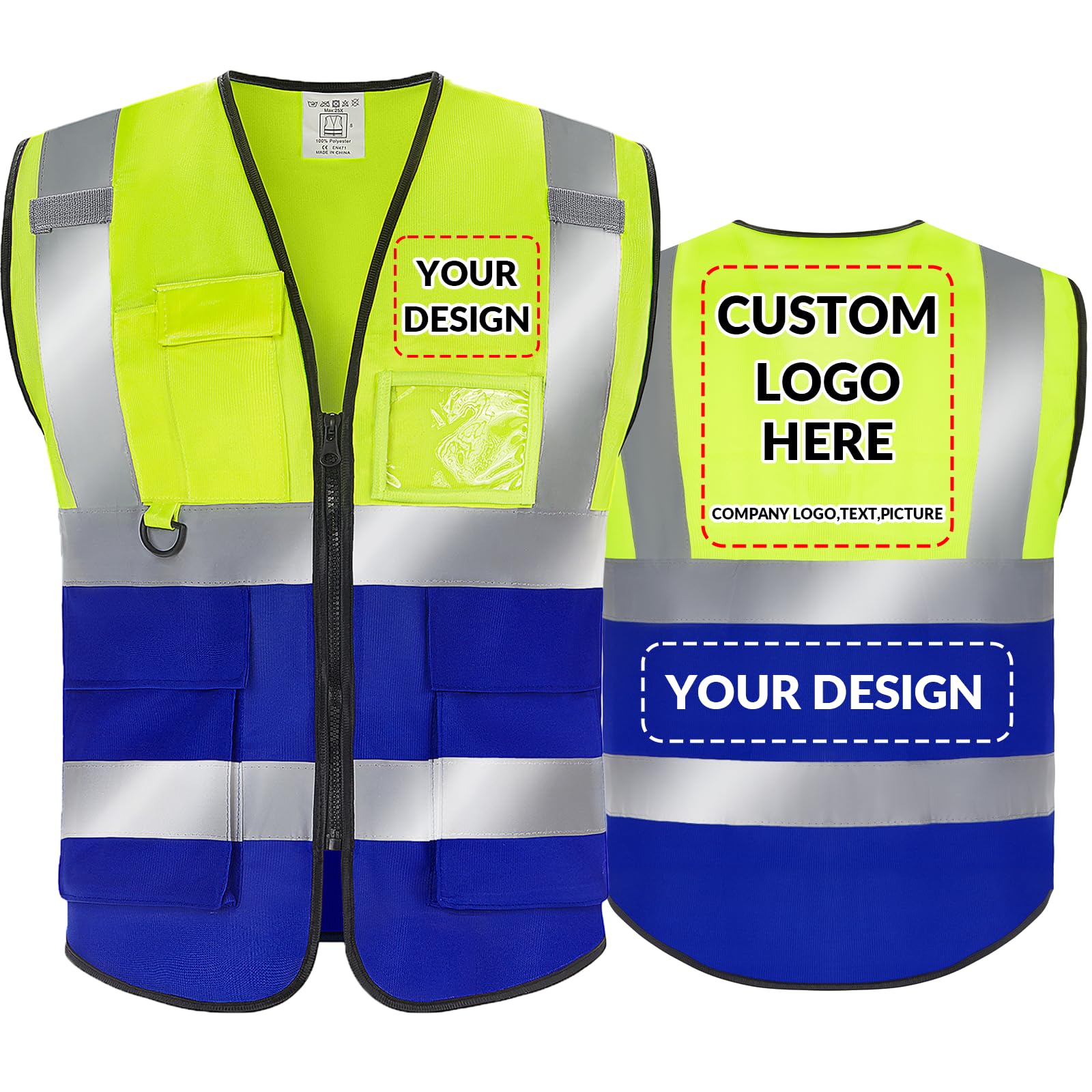 BeautyWill Cutsomize High Visibility Safety Vest with Logo?Custom Your Logo in Reflective Hi Vis Vest with Zipper & Pocket(010YellowBlack, L)