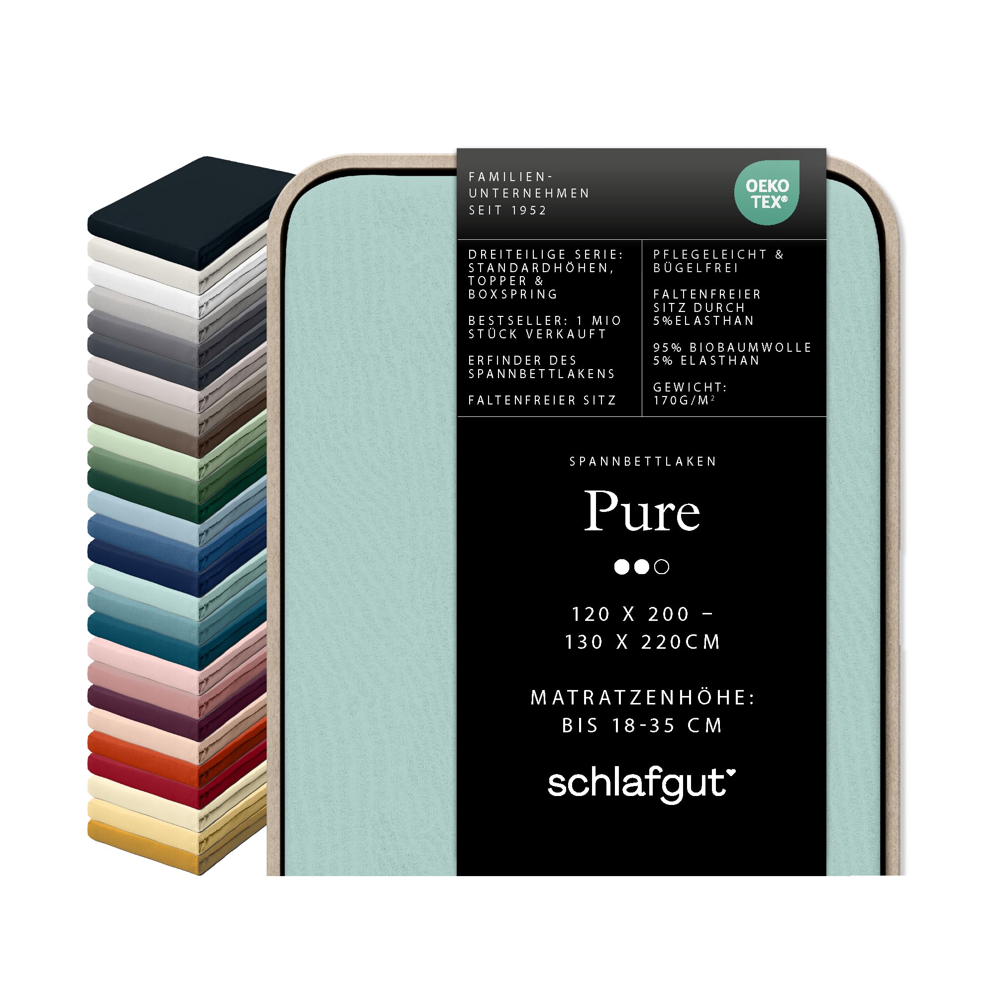schlafgut Pure Spannbettlaken 95% Bio Baumwolle & 5% Elasthan Made in Green by Oeko TEX (120x200cm bis 130x220cm Matratzenhöhe von 18 bis 35 cm, Petrol Light)